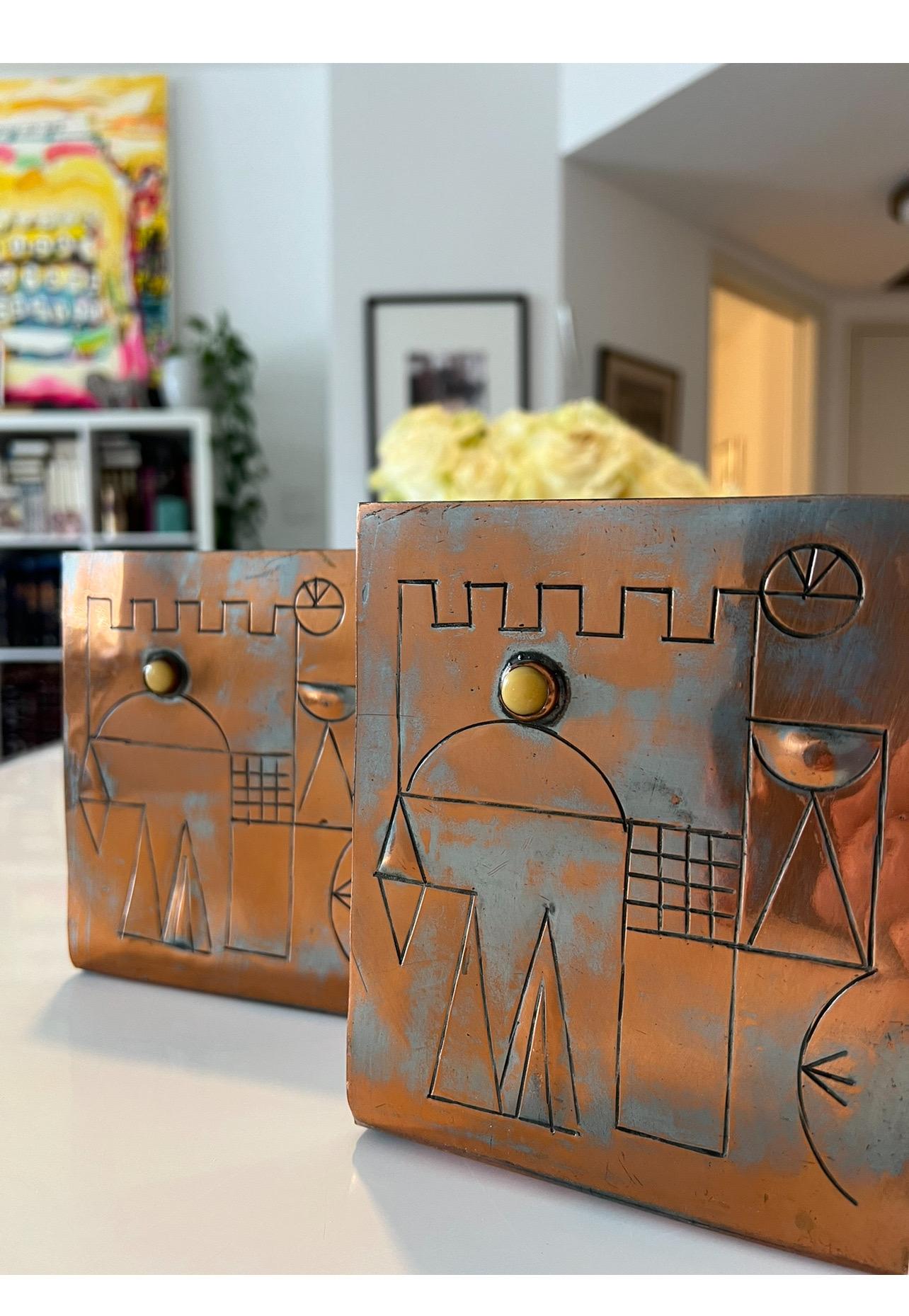 Israeli Mod Arts & Crafts Copper Sculpture Bookends Bezalel Schatz Yaad Studio For Sale 1