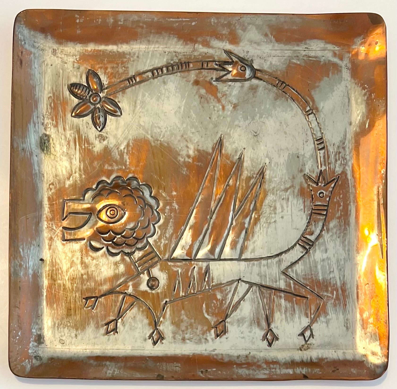 Hand made in israel handwrought tray, platter in Silver plated copper modernist tray, engraving and hammer work, with a whimsical mod lion and design decorations. From the YAAD workshop of Bezalel Schatz, son of Boris Schatz. silver plating has been