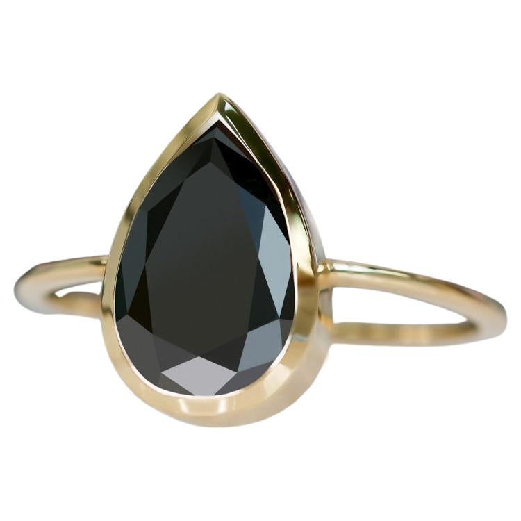 Bezel Art Deco Solitaire 2 Carat Black Pear Cut Natural Diamond Cocktail Ring For Sale