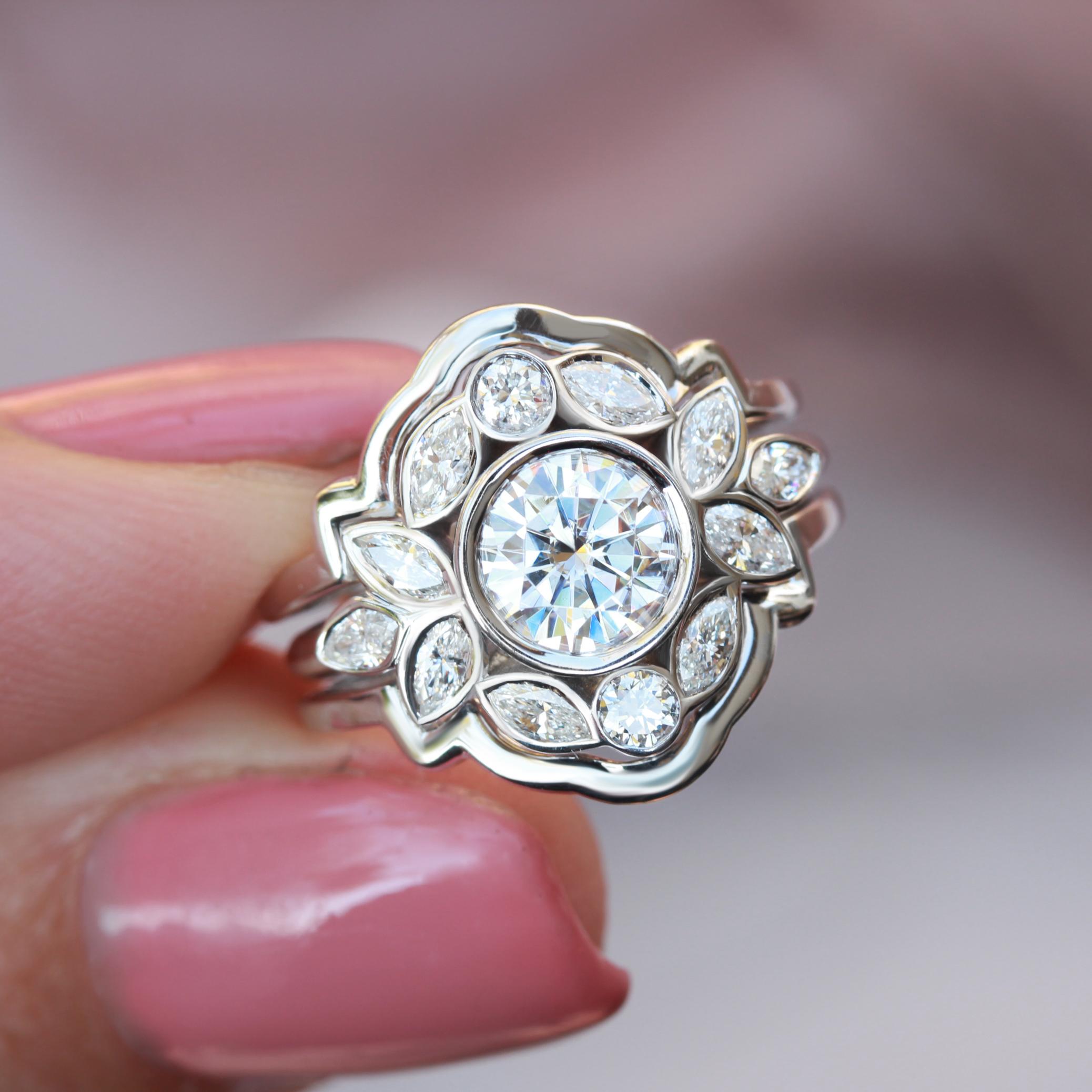 Victorian Bezel Diamond Flower Engagement Ring Set with Gold Ring Guard 