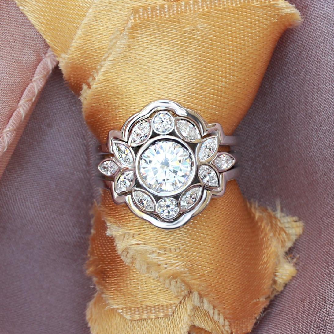 Round Cut Bezel Diamond Flower Engagement Ring Set with Gold Ring Guard 