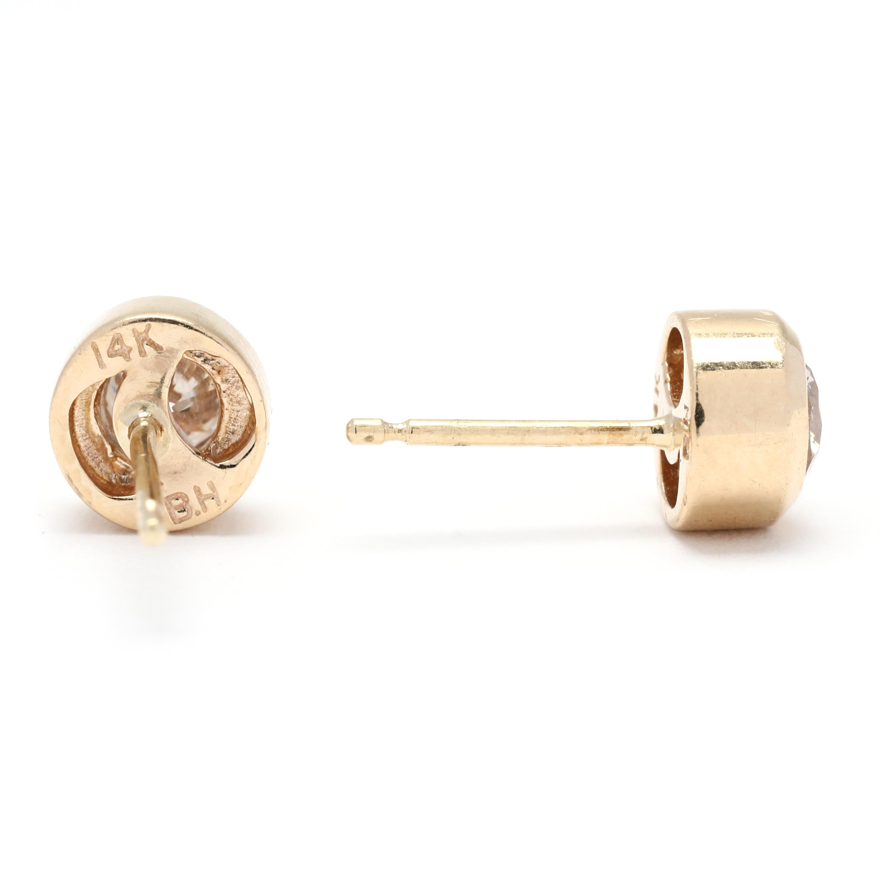 Round Cut Bezel Diamond Stud Earrings, 14K Yellow Gold, Length 6.25 MM, Half Carat Diamond For Sale