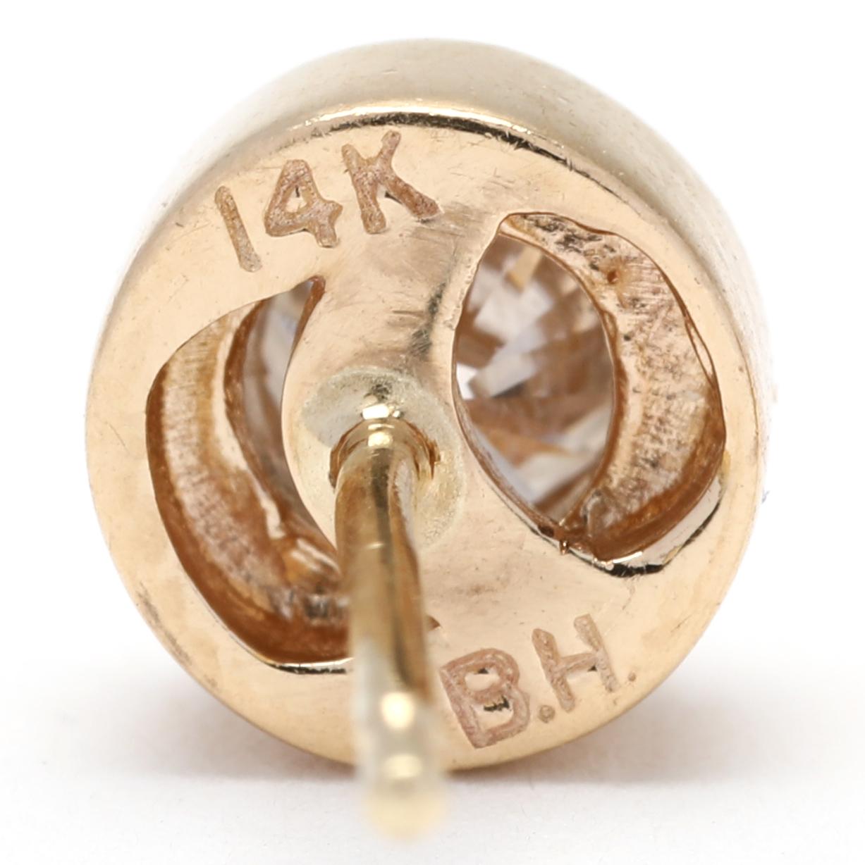 Bezel Diamond Stud Earrings, 14K Yellow Gold, Length 6.25 MM, Half Carat Diamond In Good Condition For Sale In McLeansville, NC