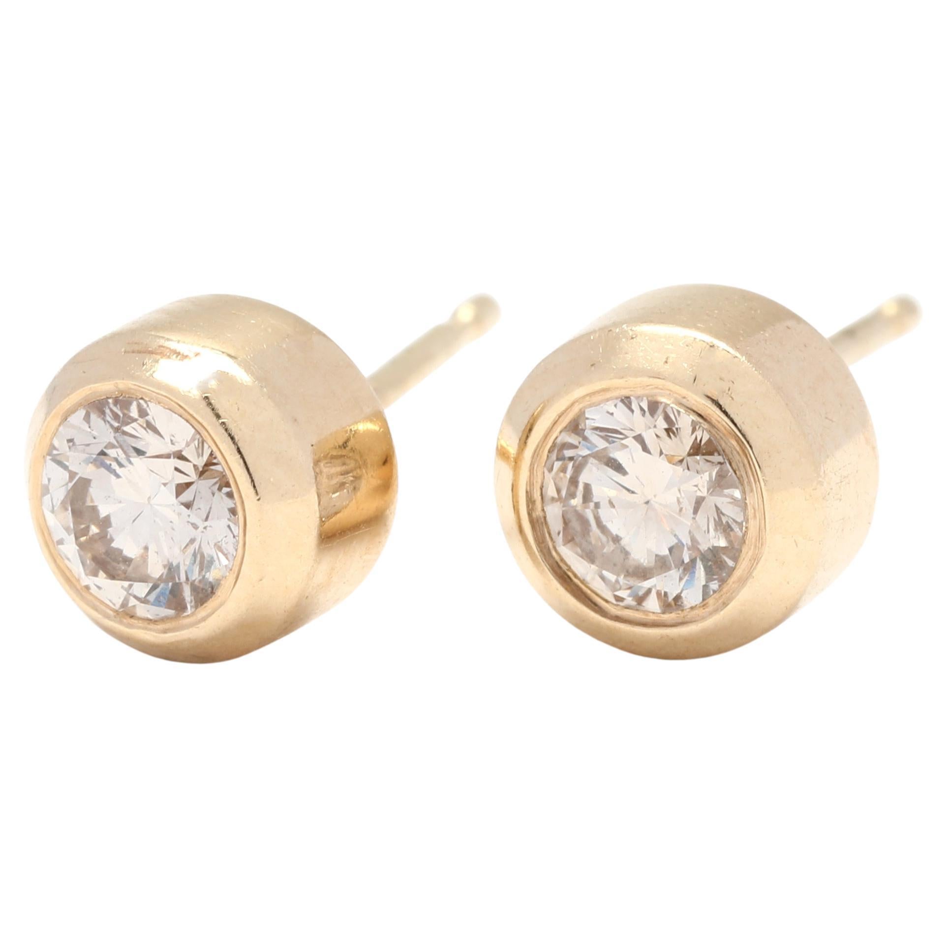 Bezel Diamond Stud Earrings, 14K Yellow Gold, Length 6.25 MM, Half Carat Diamond