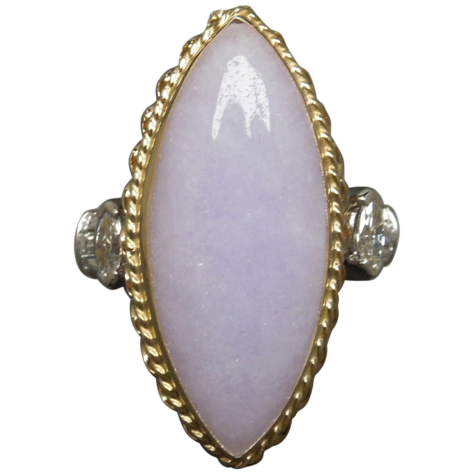 Bezel Lavender Jade Solitaire and Diamond Ring