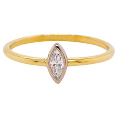 Bezel Marquise Minimalist Diamond Ring 18K Yellow Gold Band and White Gold Bezel