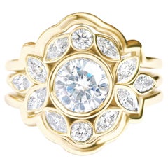 Bezel Moissanite Flower Engagement Ring Set with Gold Ring Guard "Lily Emma"