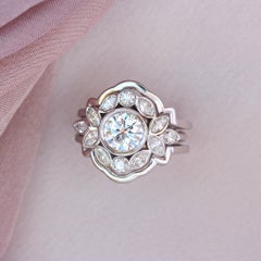 Bezel Moissanite Flower Engagement Ring Set with Gold Ring Guard "Lily Emma"