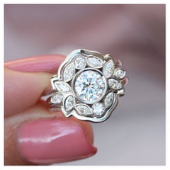 Bezel Moissanite Flower Engagement Ring Set with Gold Ring Guard "Lily Emma"