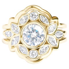 Bezel Moissanite Flower Engagement Ring Set with Gold Ring Guard "Lily Emma" 