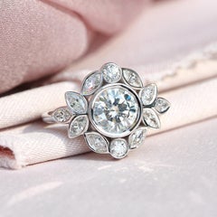 Bezel Round Diamond Flower Unique Vintage Engagement Ring "Lily Emma"