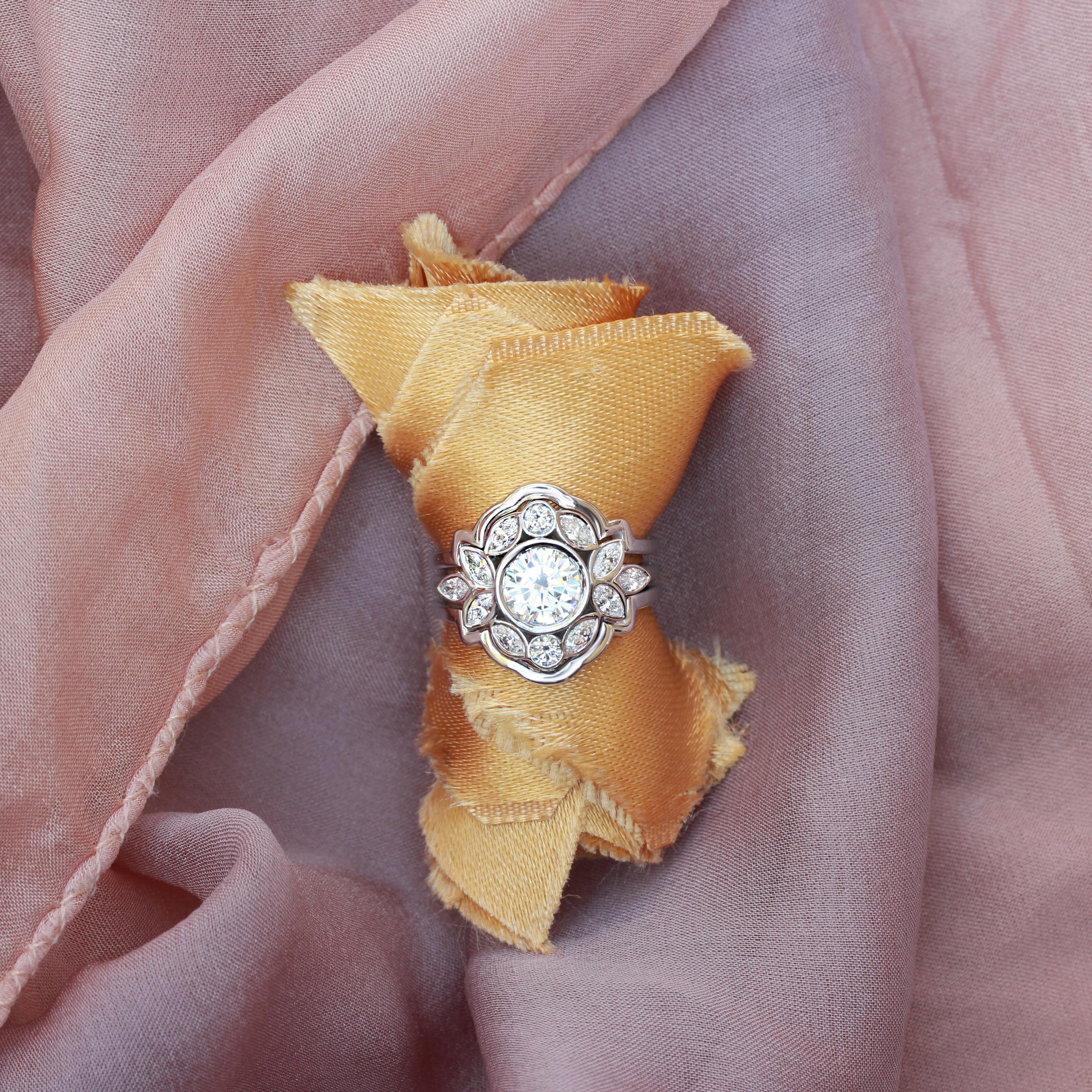 Victorian Bezel Round Diamond Flower Unique Vintage Engagement Ring 