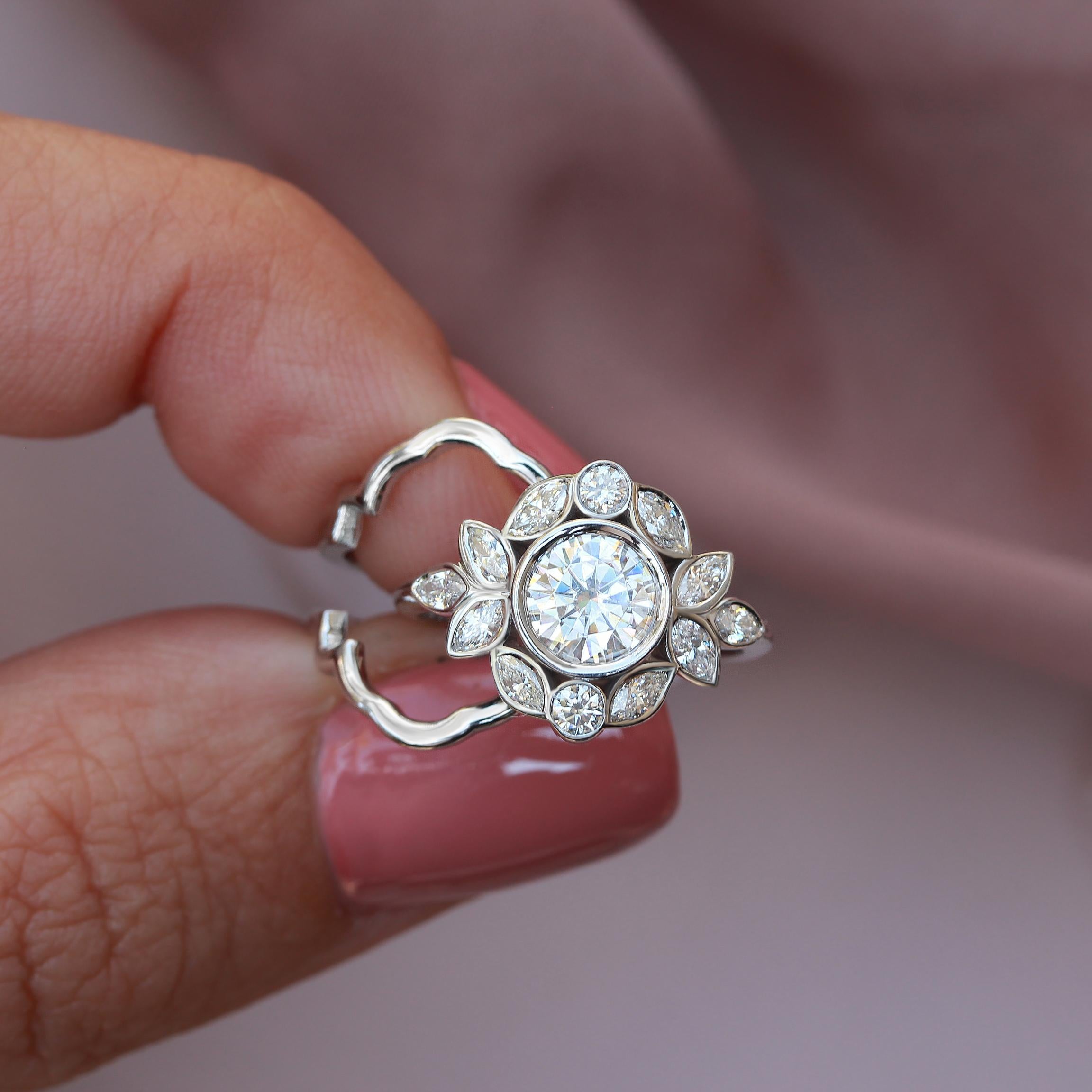 Round Cut Bezel Round Diamond Flower Unique Vintage Engagement Ring 