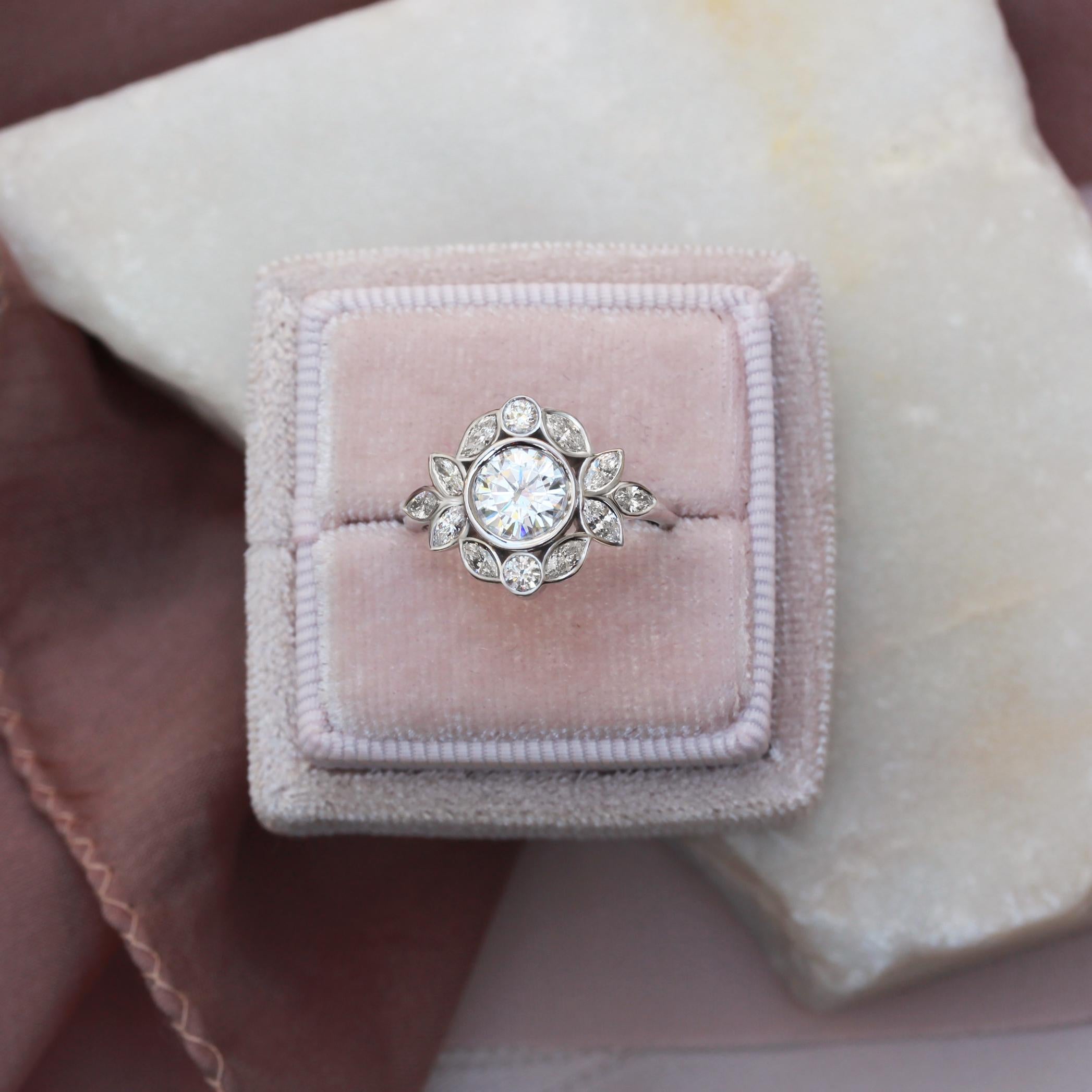 Victorian Bezel Round Moissanite Flower Unique Vintage Engagement Ring 