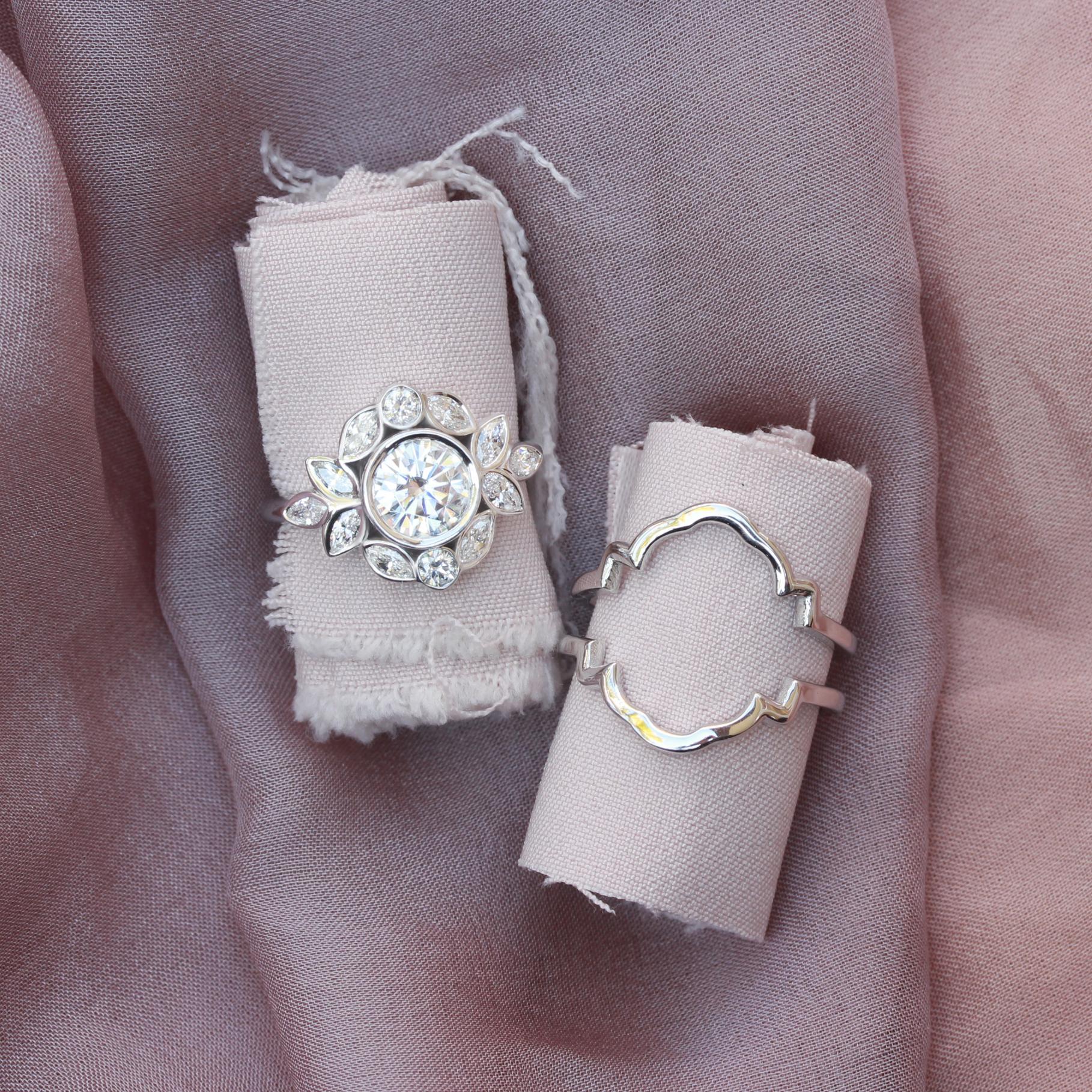 Women's Bezel Round Moissanite Flower Unique Vintage Engagement Ring 