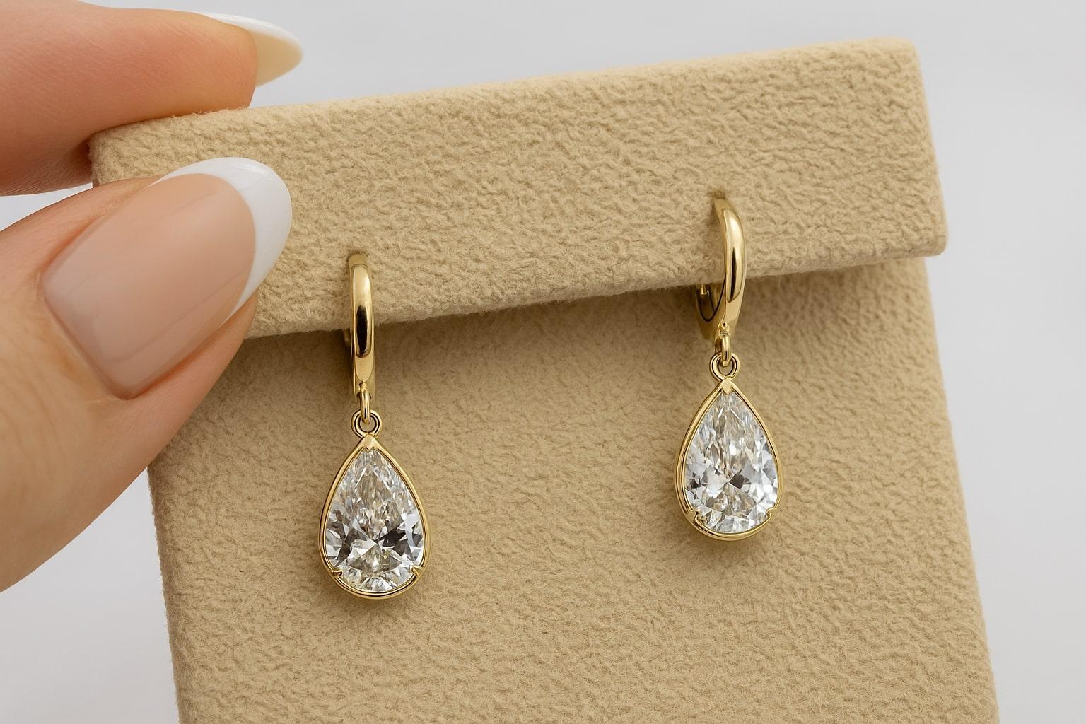 Graceful and timeless, these Bezel Set Pear Cut Drop Earrings are crafted from luxurious 18K yellow gold, featuring dazzling pear-shaped stones encased in smooth bezel settings. The elegant drops are suspended from sleek polished hoops, offering