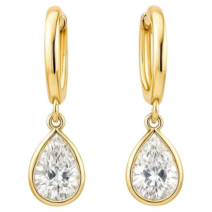 Bezel Set 18K Yellow Gold Pear Cut Drop Earrings