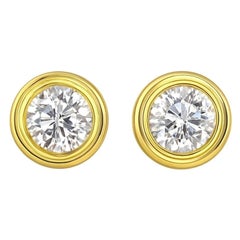 Bezel Set 18K Yellow Gold Round Brilliant Stud Earrings