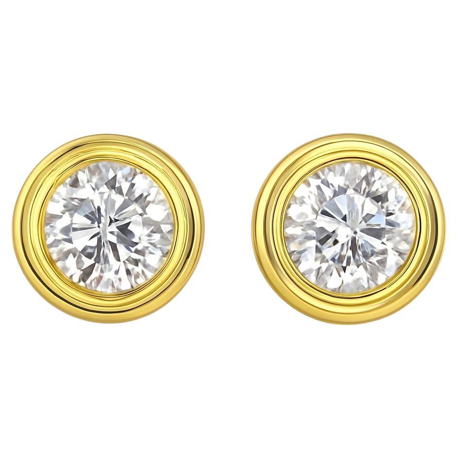 Bezel Set 18K Yellow Gold Round Brilliant Stud Earrings For Sale