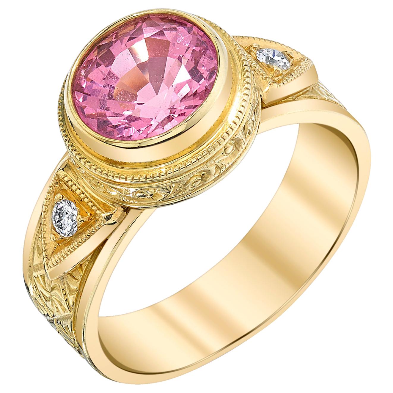 Bezel Set 2.28 Carat Pink Spinel and Diamond 18 Karat Gold Hand Engraved Ring