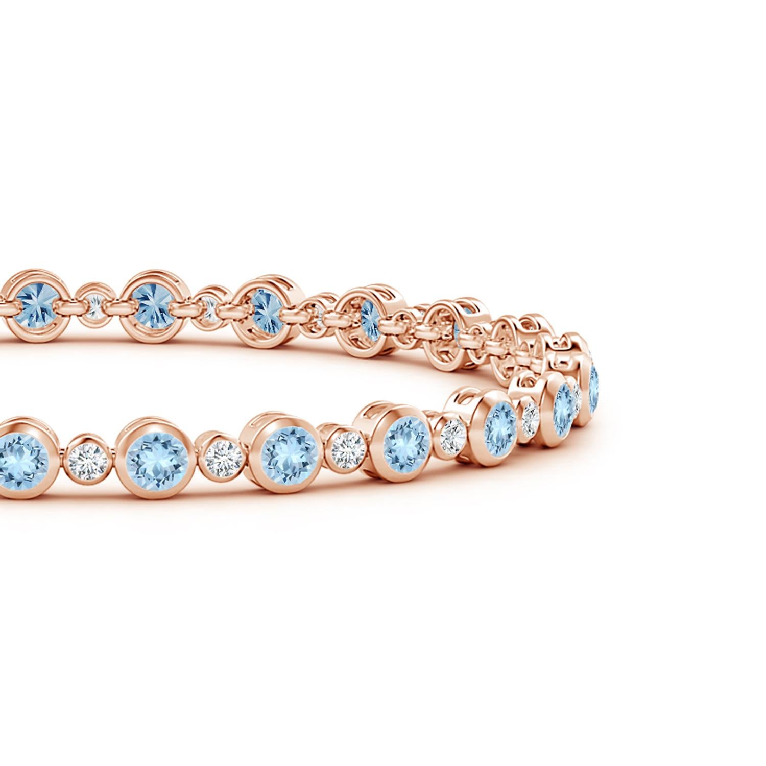 Simple yet so appealing, this tennis bracelet in 14k rose gold is effortlessly elegant. The alternated round diamonds and icy blue aquamarines are secured in bezel settings.