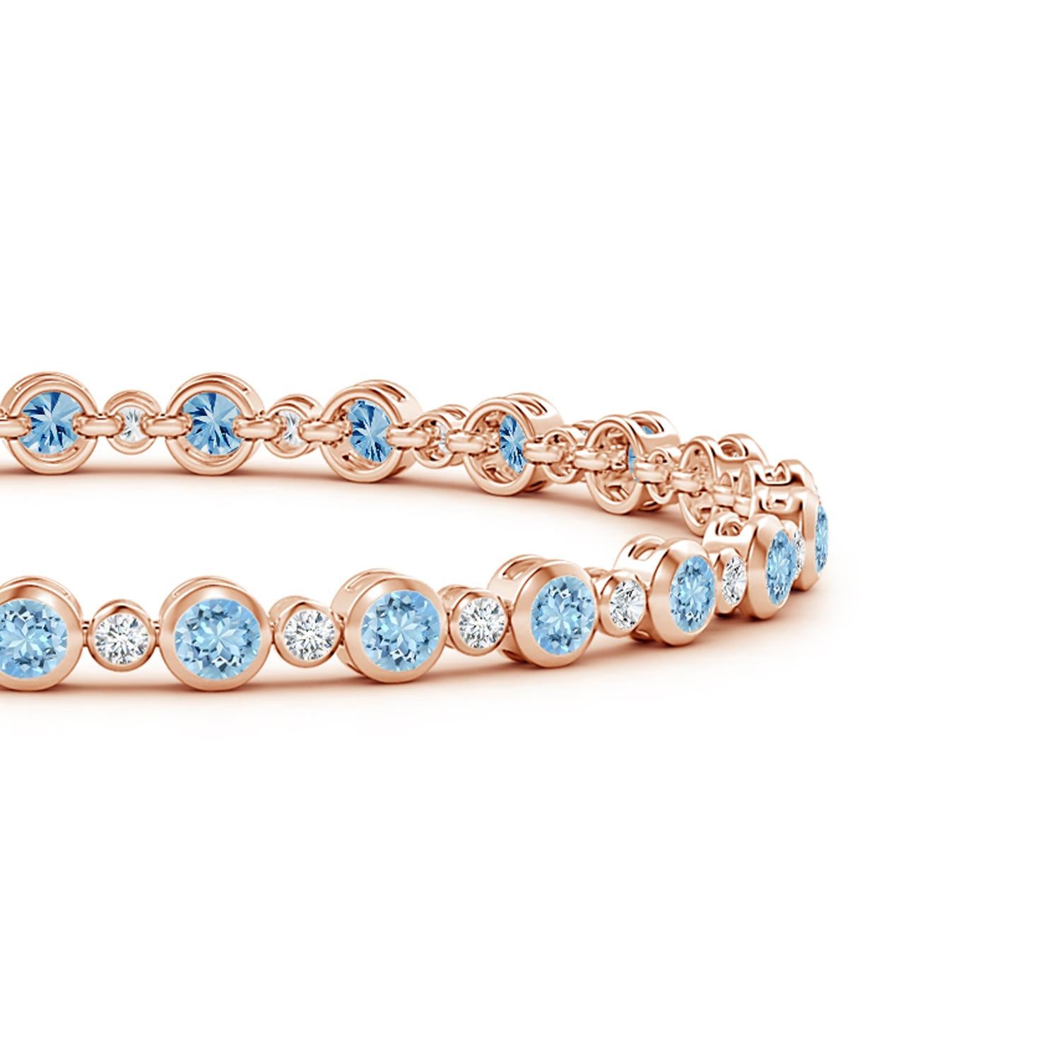 Simple yet so appealing, this tennis bracelet in 14k rose gold is effortlessly elegant. The alternated round diamonds and icy blue aquamarines are secured in bezel settings.