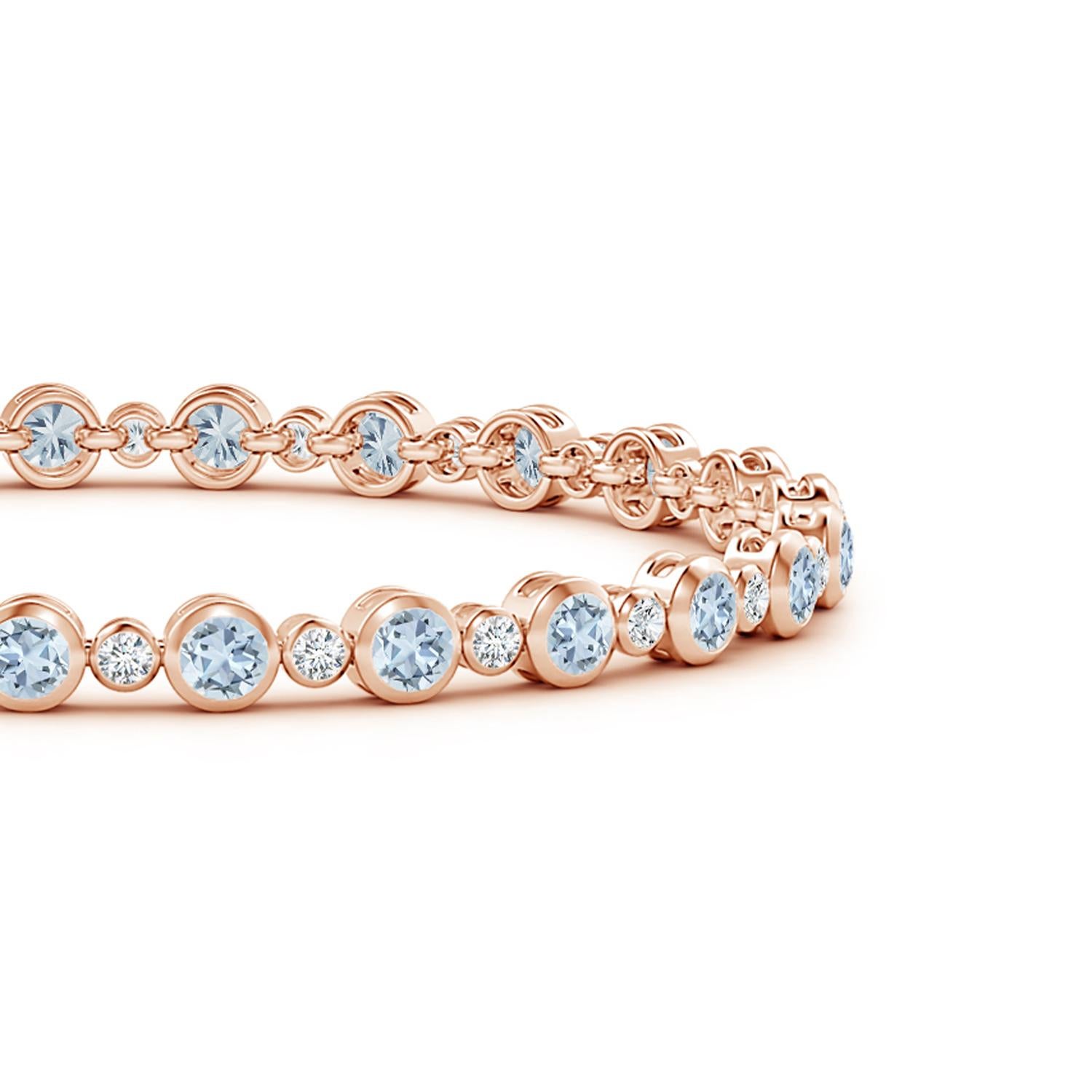 Simple mais si séduisant, ce bracelet de tennis en or rose 14k est d'une élégance sans effort. Les diamants ronds alternés et les aigues-marines bleues glacées sont sertis dans une lunette.