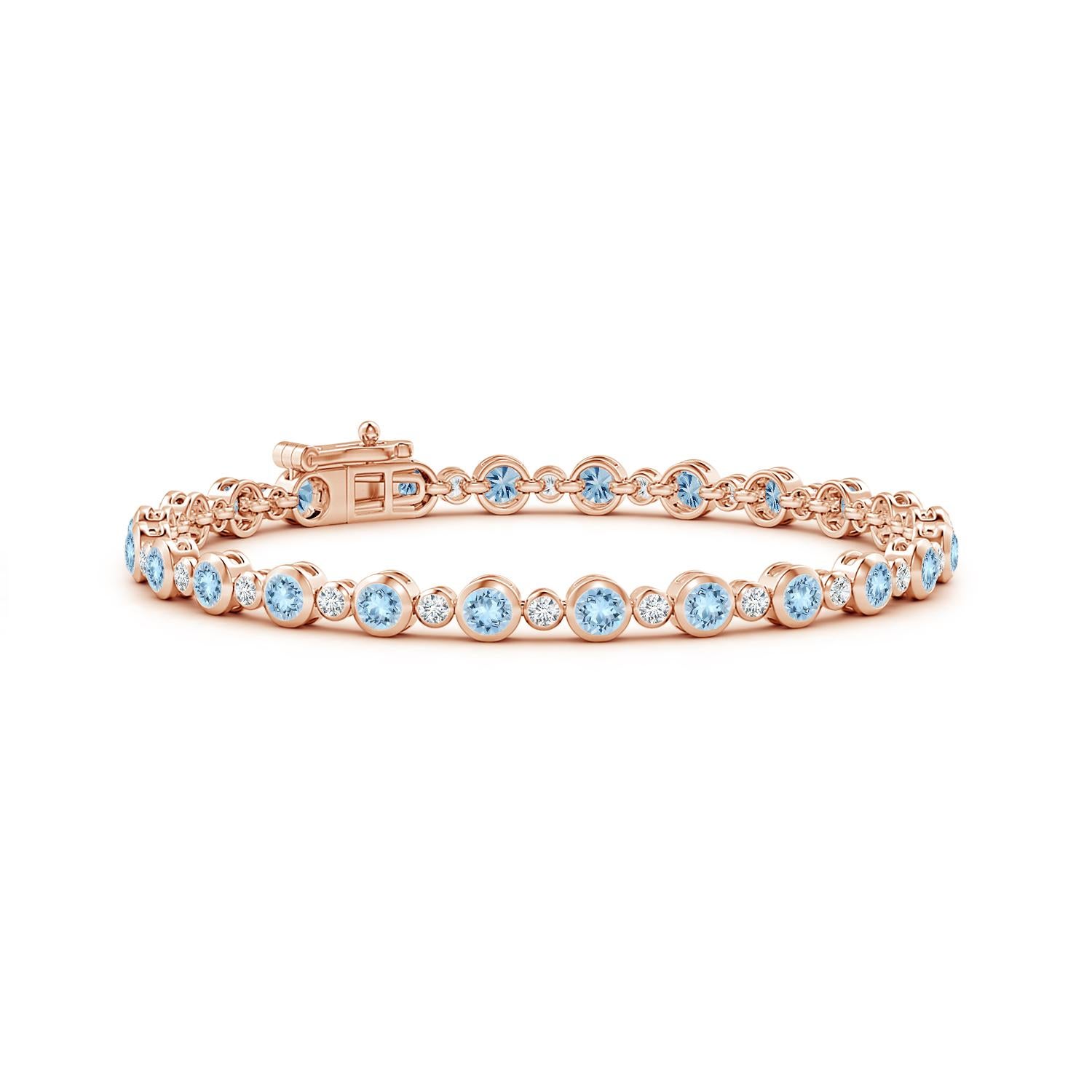 Modern Bezel-Set 2.40ct Aquamarine and Diamond Tennis Bracelet in 14K Rose Gold For Sale