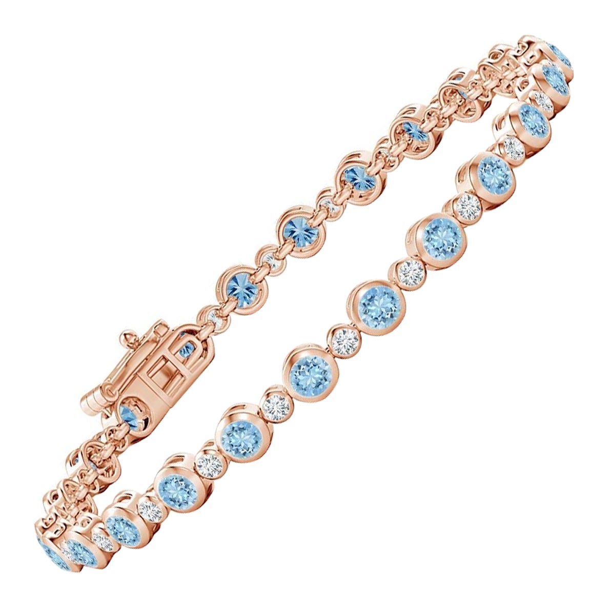 Brazalete de tenis de oro rosa de 14 quilates con aguamarina y diamantes de 2,40 ct engastados en bisel