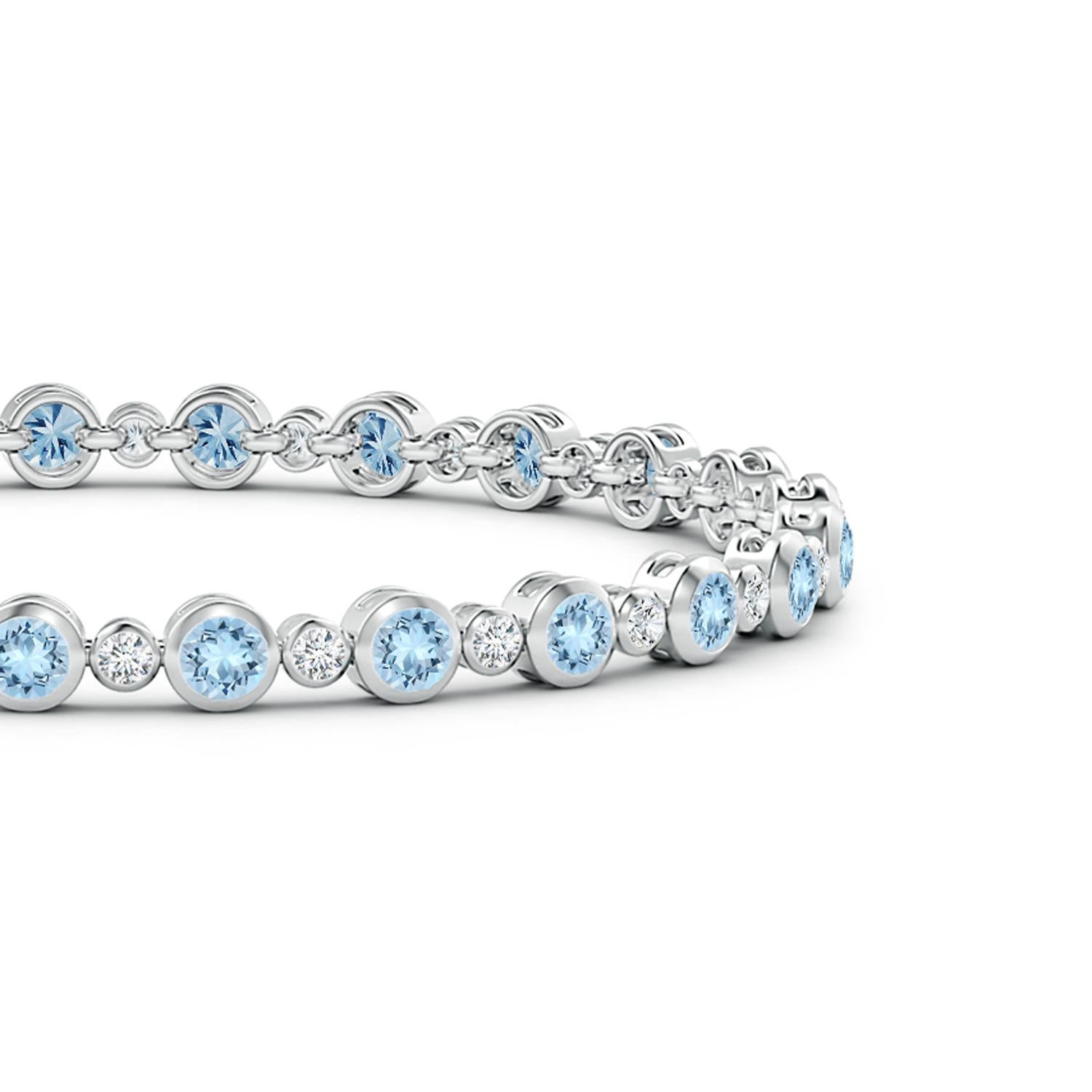 Simple yet so appealing, this tennis bracelet in 14k white gold is effortlessly elegant. The alternated round diamonds and icy blue aquamarines are secured in bezel settings.
