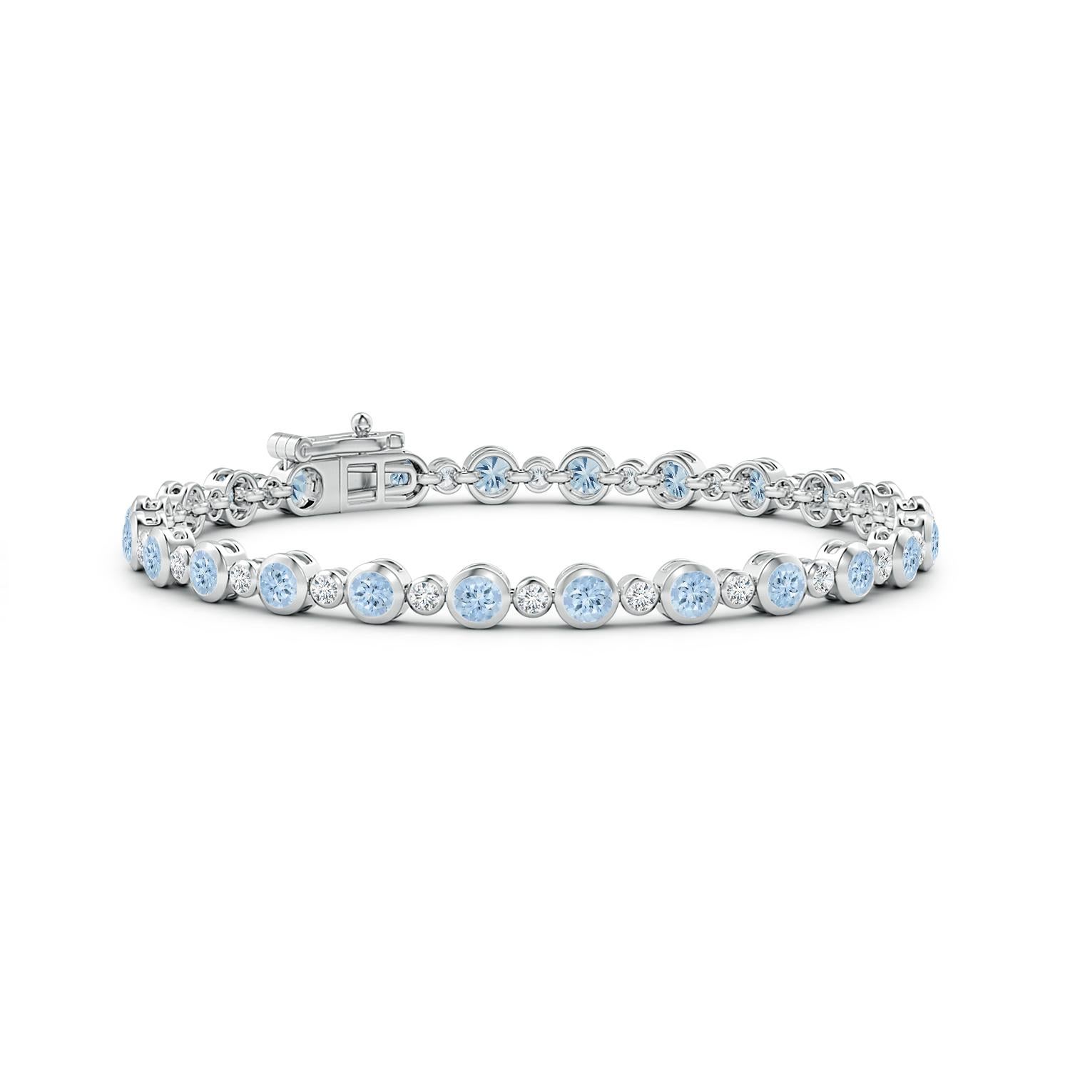 Modern Bezel-Set 2.40ct Aquamarine and Diamond Tennis Bracelet in 14K White Gold For Sale