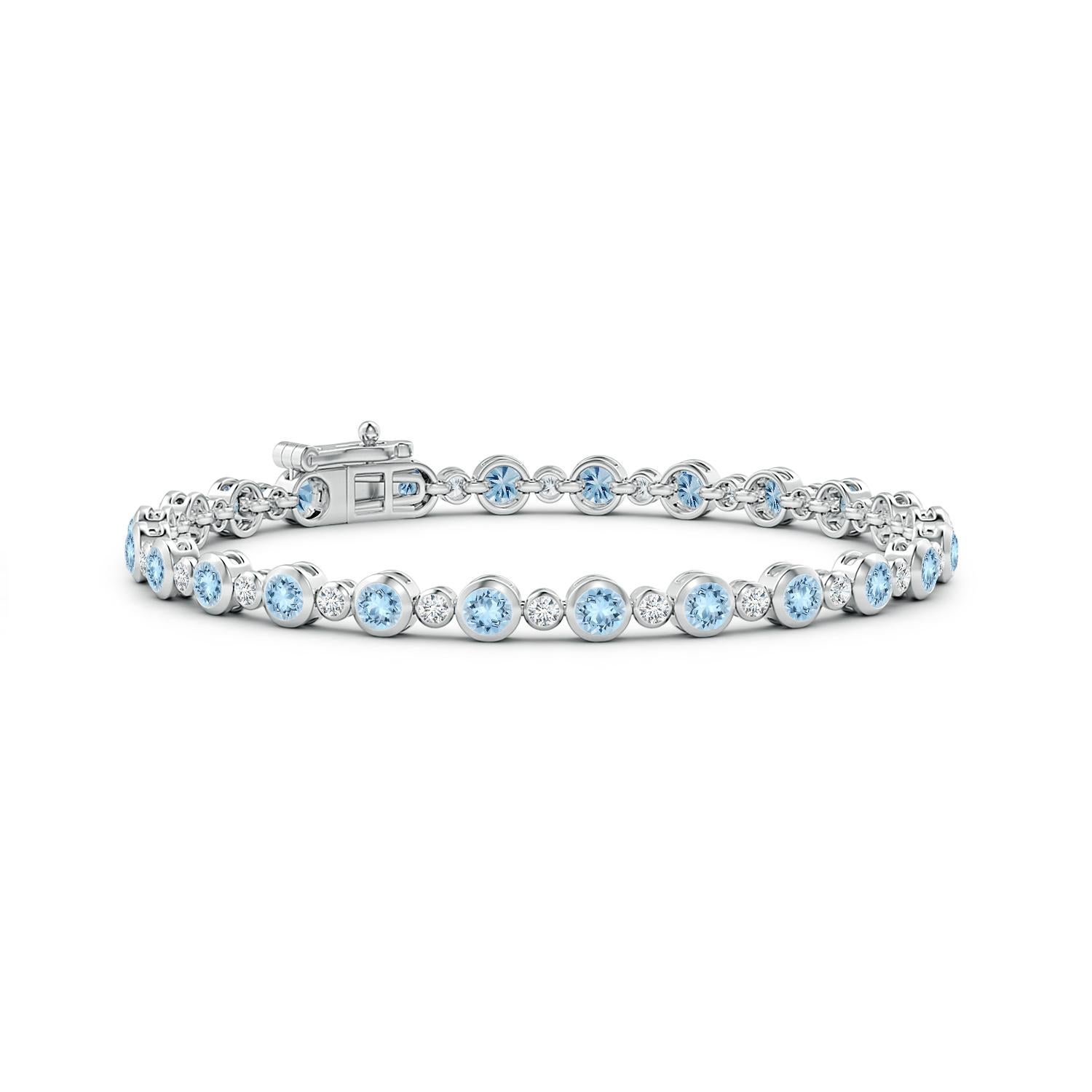 Modern Bezel-Set 2.40ct Aquamarine and Diamond Tennis Bracelet in 14K White Gold For Sale