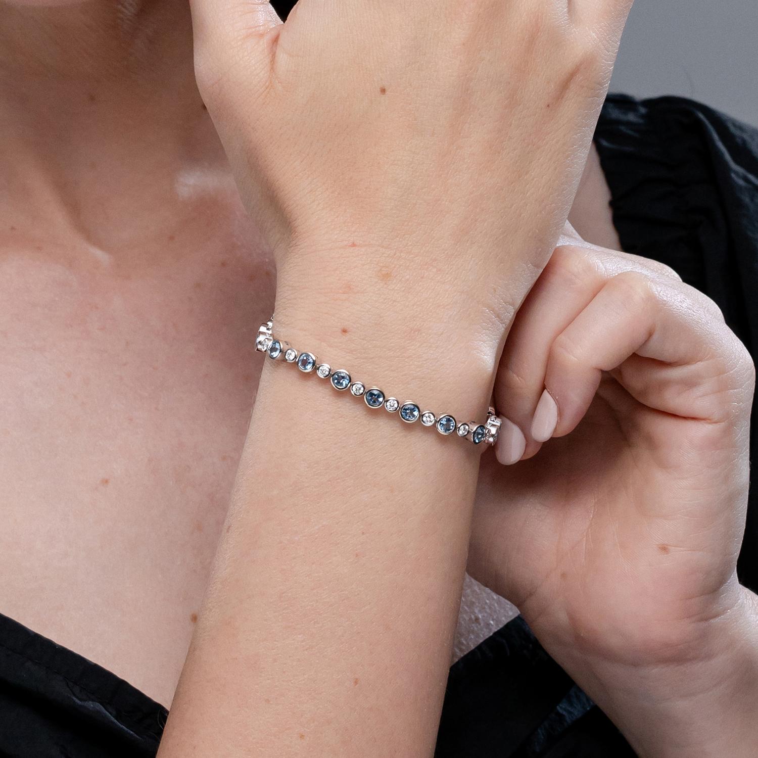 Women's Bezel-Set 2.40ct Aquamarine and Diamond Tennis Bracelet in 14K White Gold For Sale