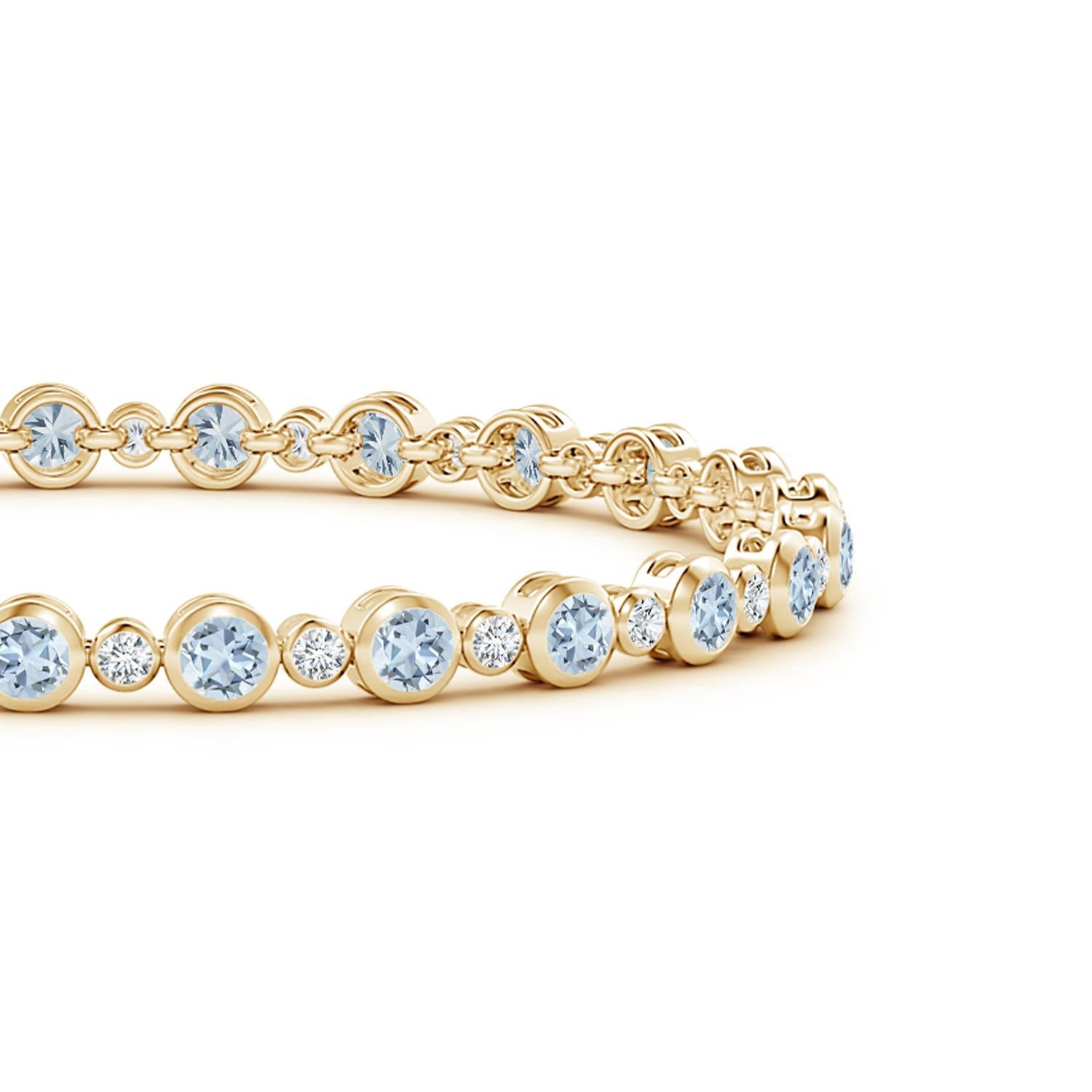 Semplice ma affascinante, questo braccialetto tennis in oro giallo 14k è elegante e senza sforzo. I diamanti rotondi alternati e le acquemarine blu ghiaccio sono incastonati in castoni.
