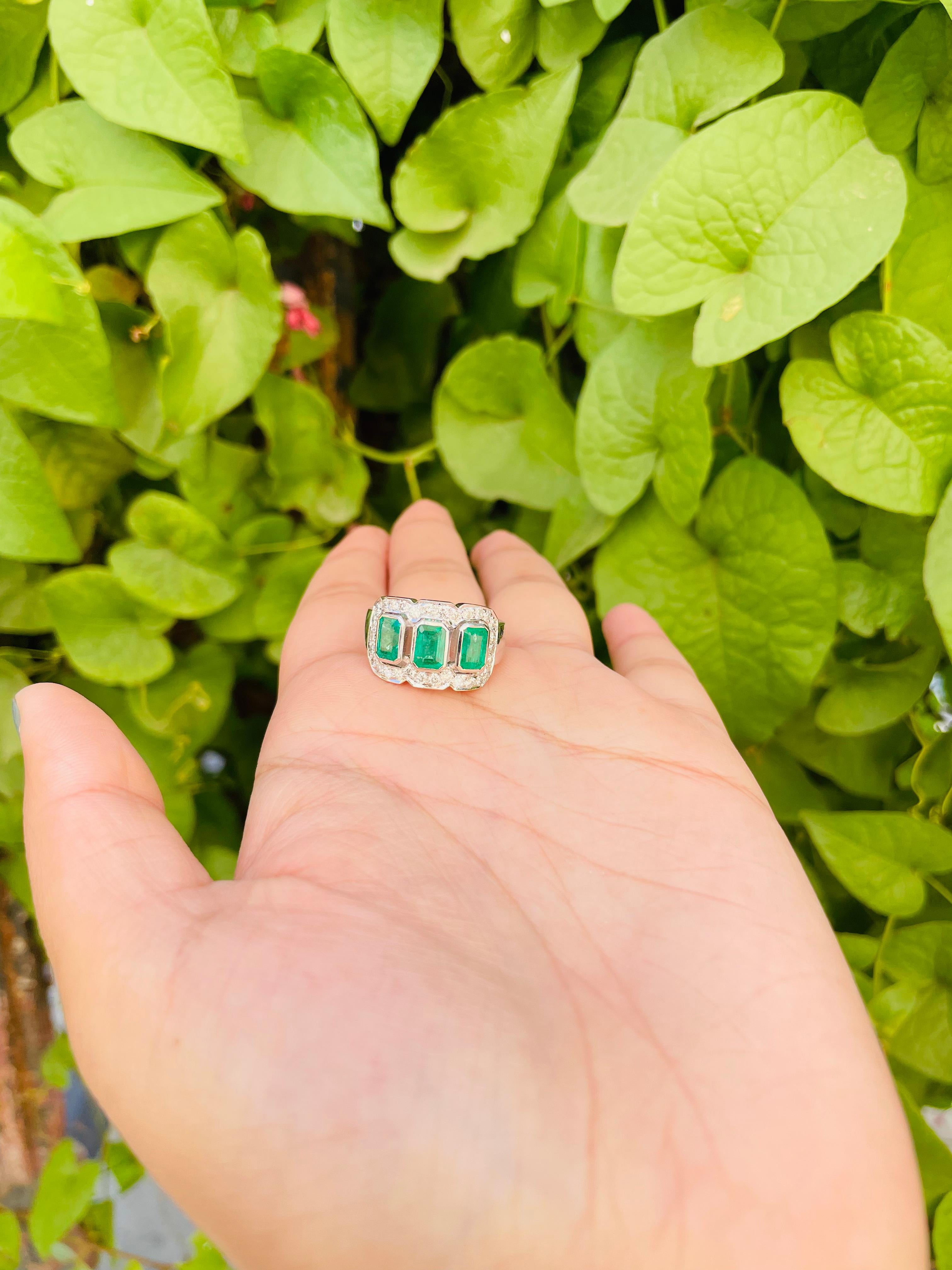 For Sale:  Bezel Set 3.1 ct Emeralds with Diamonds 18K White Gold Three Stone Wedding Ring 3