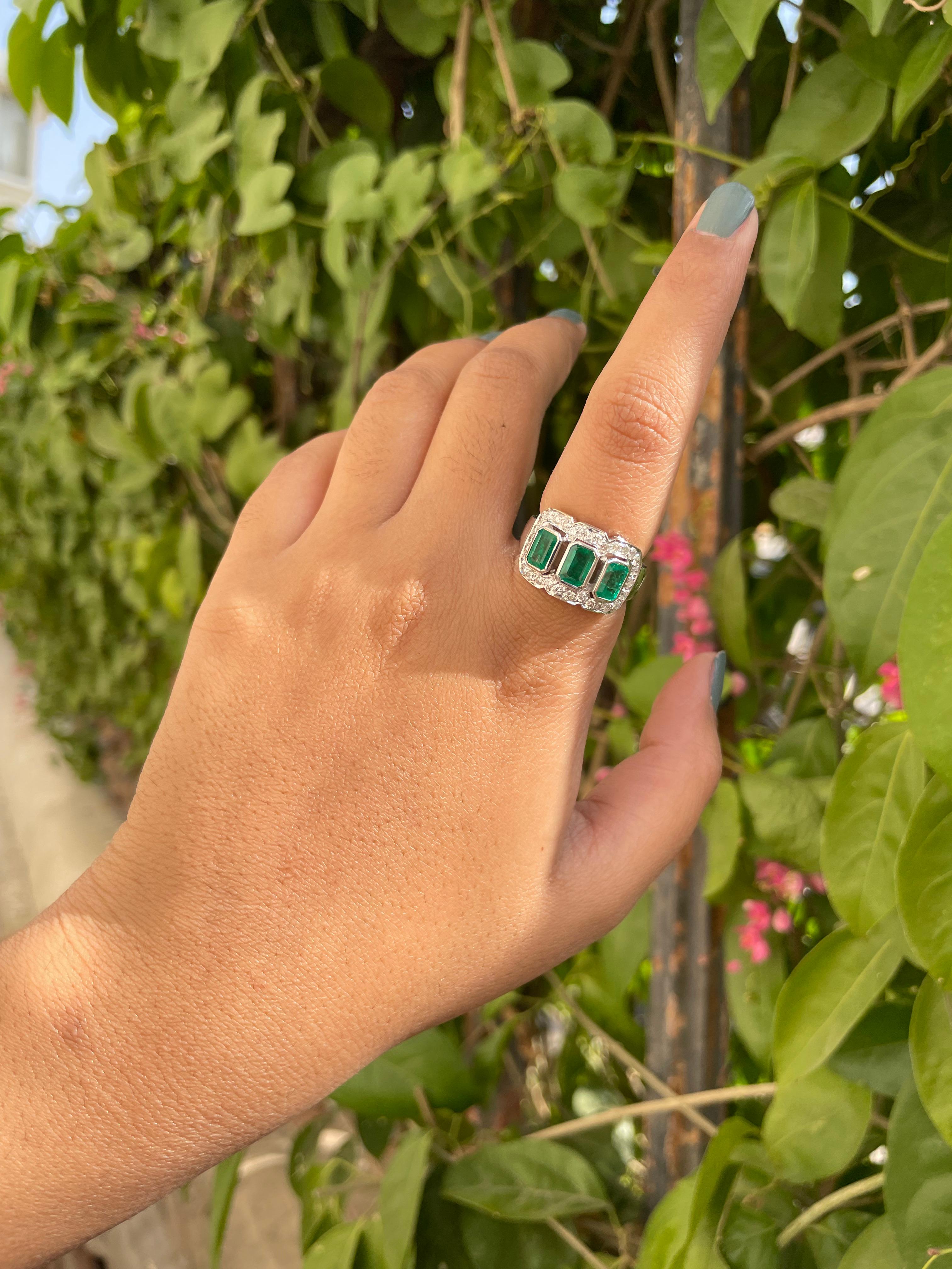 For Sale:  Bezel Set 3.1 ct Emeralds with Diamonds 18K White Gold Three Stone Wedding Ring 5