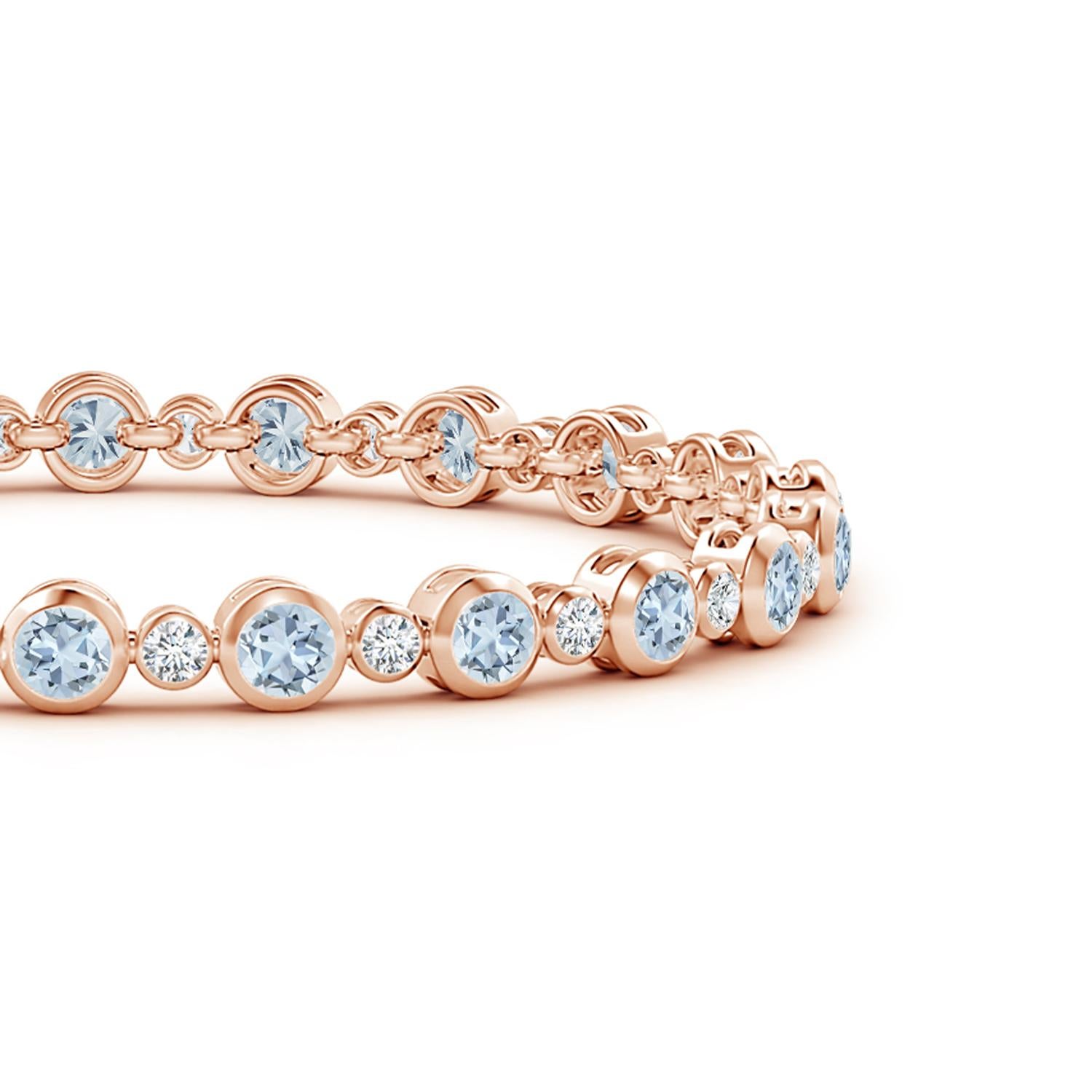 Simple yet so appealing, this tennis bracelet in 14k rose gold is effortlessly elegant. The alternated round diamonds and icy blue aquamarines are secured in bezel settings.