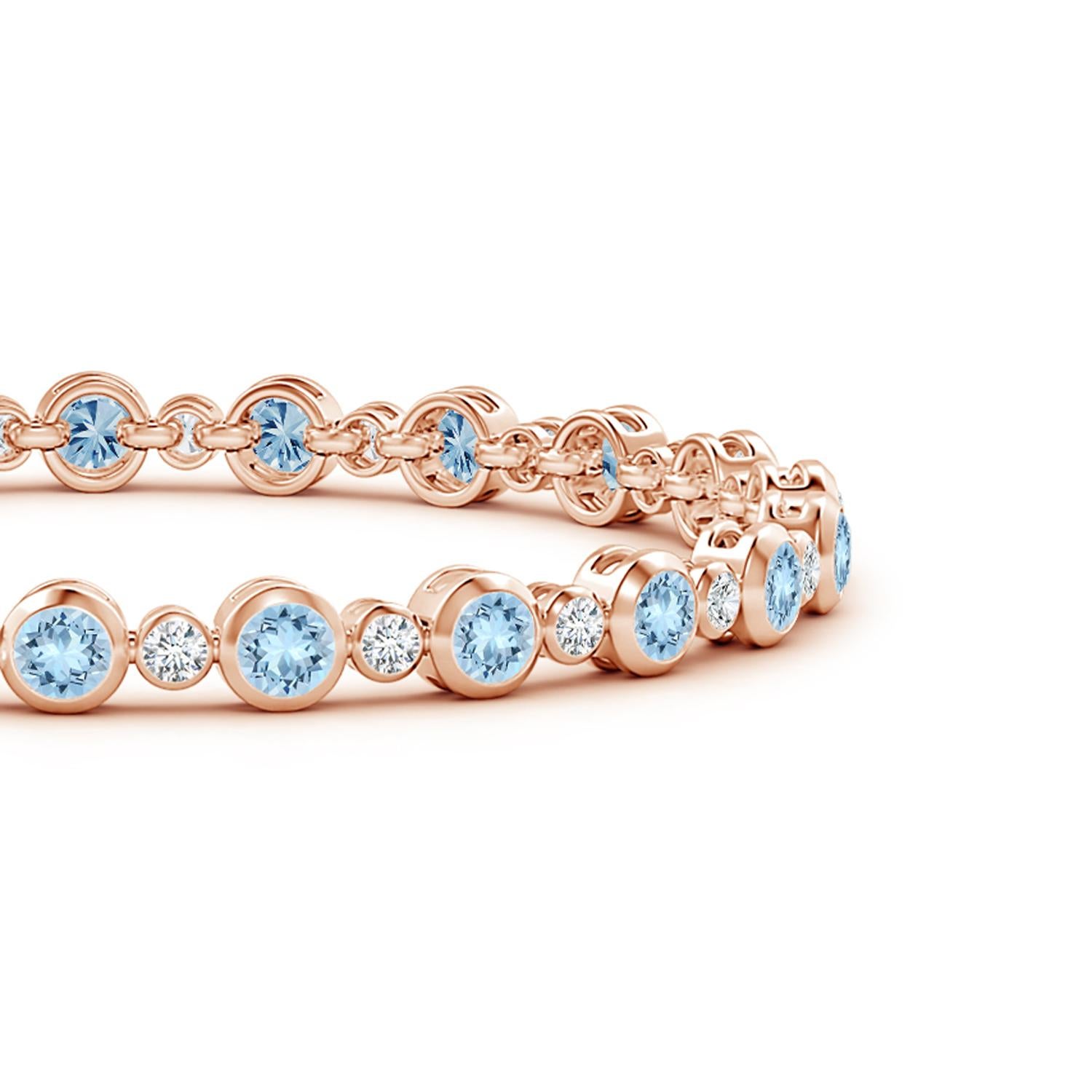 Semplice ma affascinante, questo bracciale tennis in oro rosa 14k è elegante e senza sforzo. I diamanti rotondi alternati e le acquemarine blu ghiaccio sono fissati in castoni.
