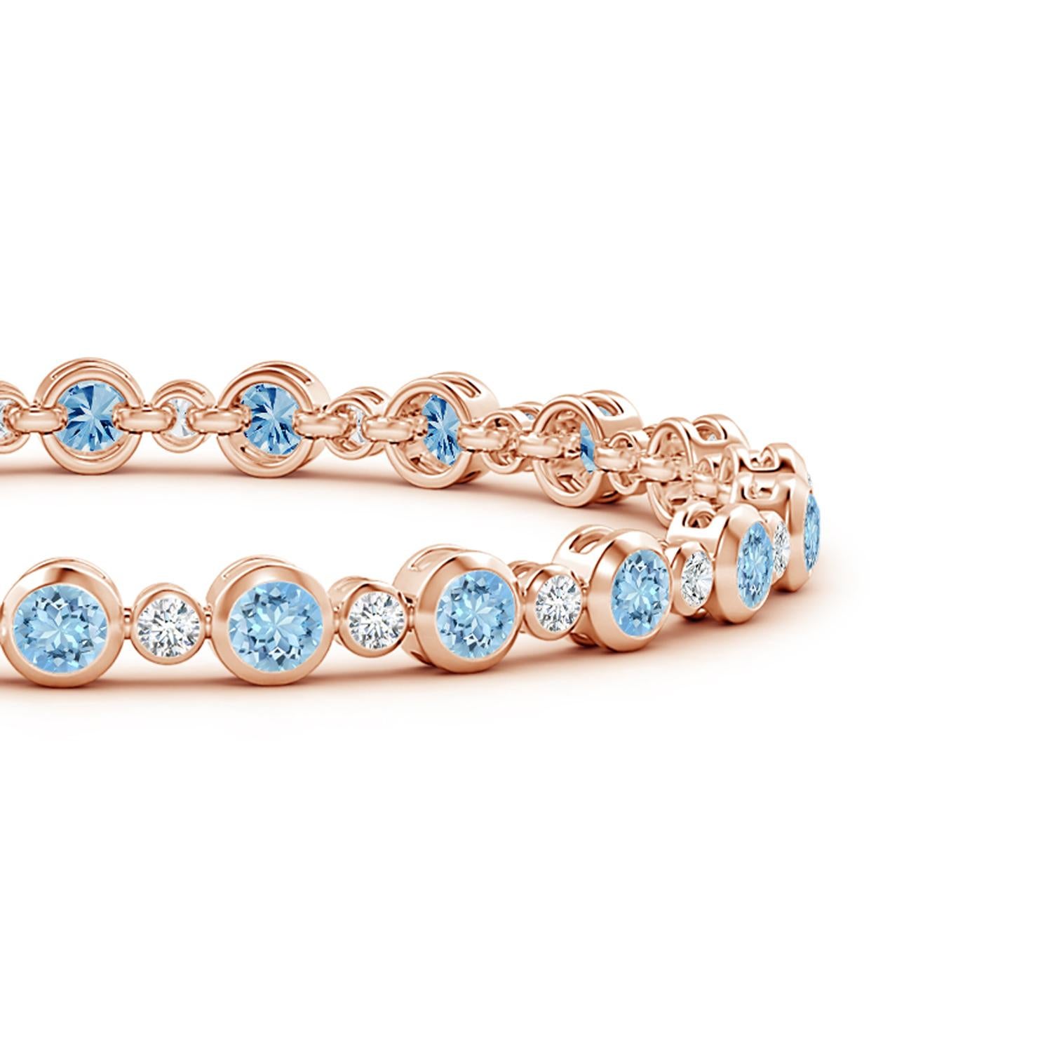 Simple yet so appealing, this tennis bracelet in 14k rose gold is effortlessly elegant. The alternated round diamonds and icy blue aquamarines are secured in bezel settings.