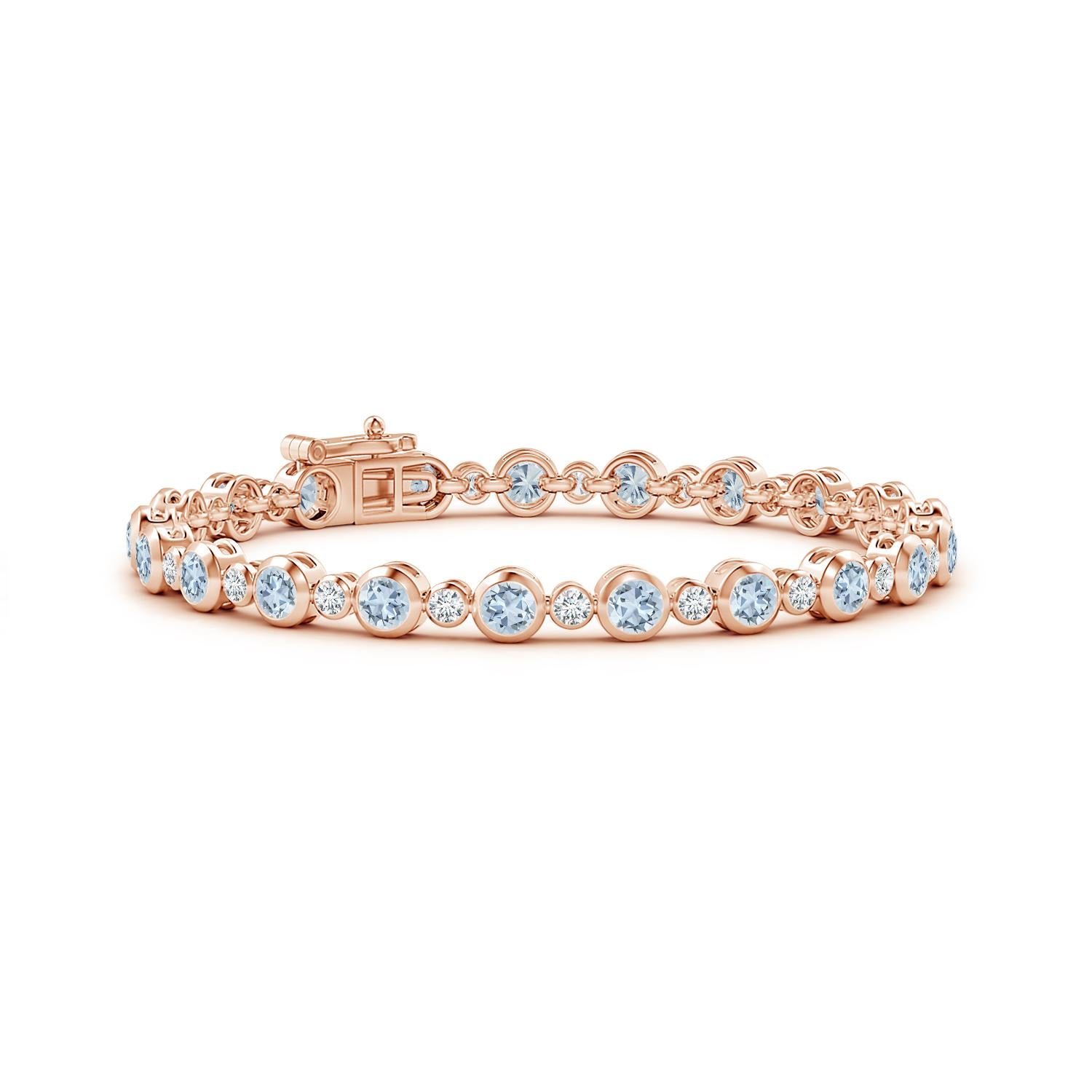Modern Bezel-Set 3.15ct Aquamarine and Diamond Tennis Bracelet in 14K Rose Gold For Sale