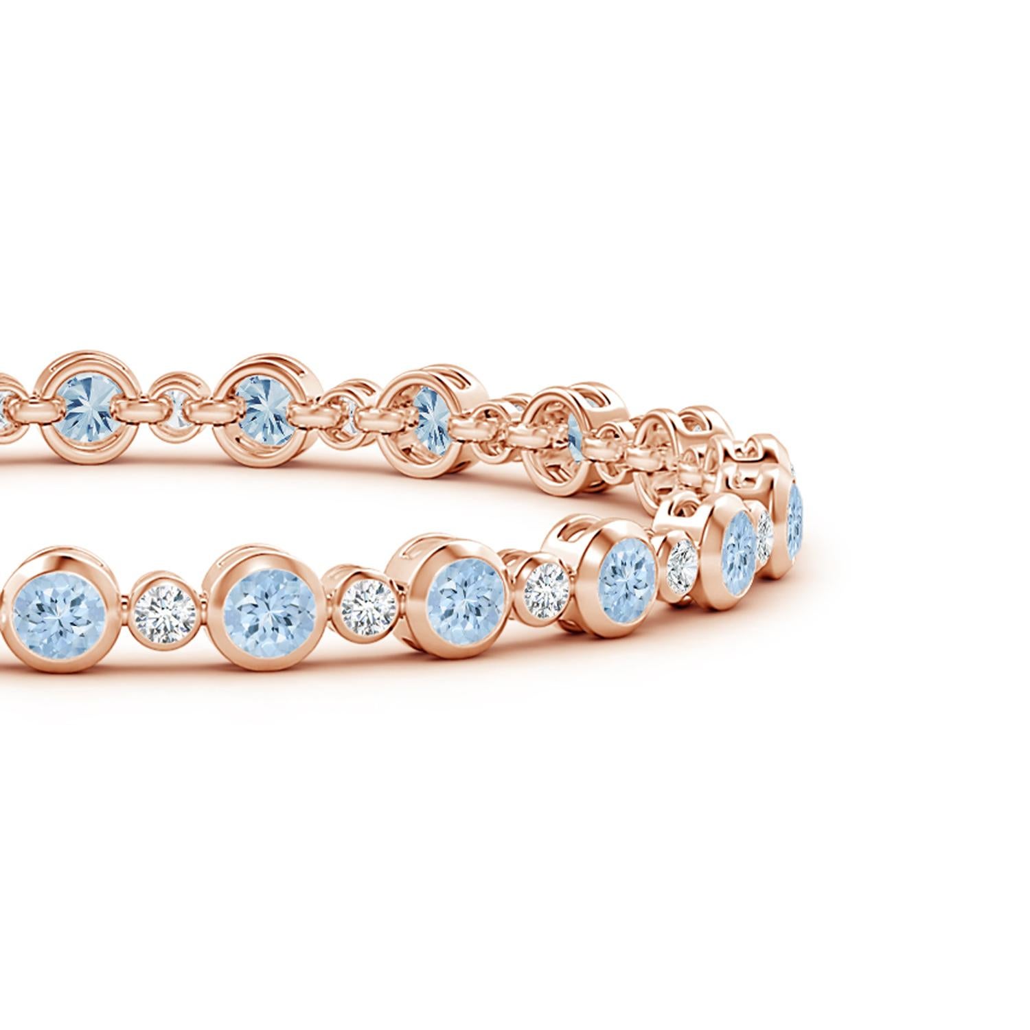 Semplice ma affascinante, questo bracciale tennis in oro rosa 14k è elegante e senza sforzo. I diamanti rotondi alternati e le acquemarine blu ghiaccio sono fissati in castoni.