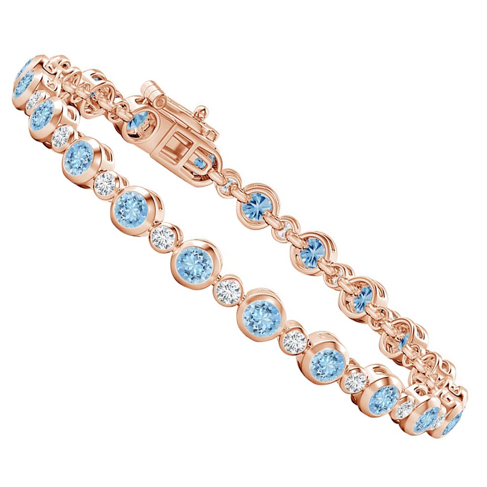 Brazalete de tenis de oro rosa de 14 quilates con aguamarina y diamantes de 3,15 ct engastados en bisel