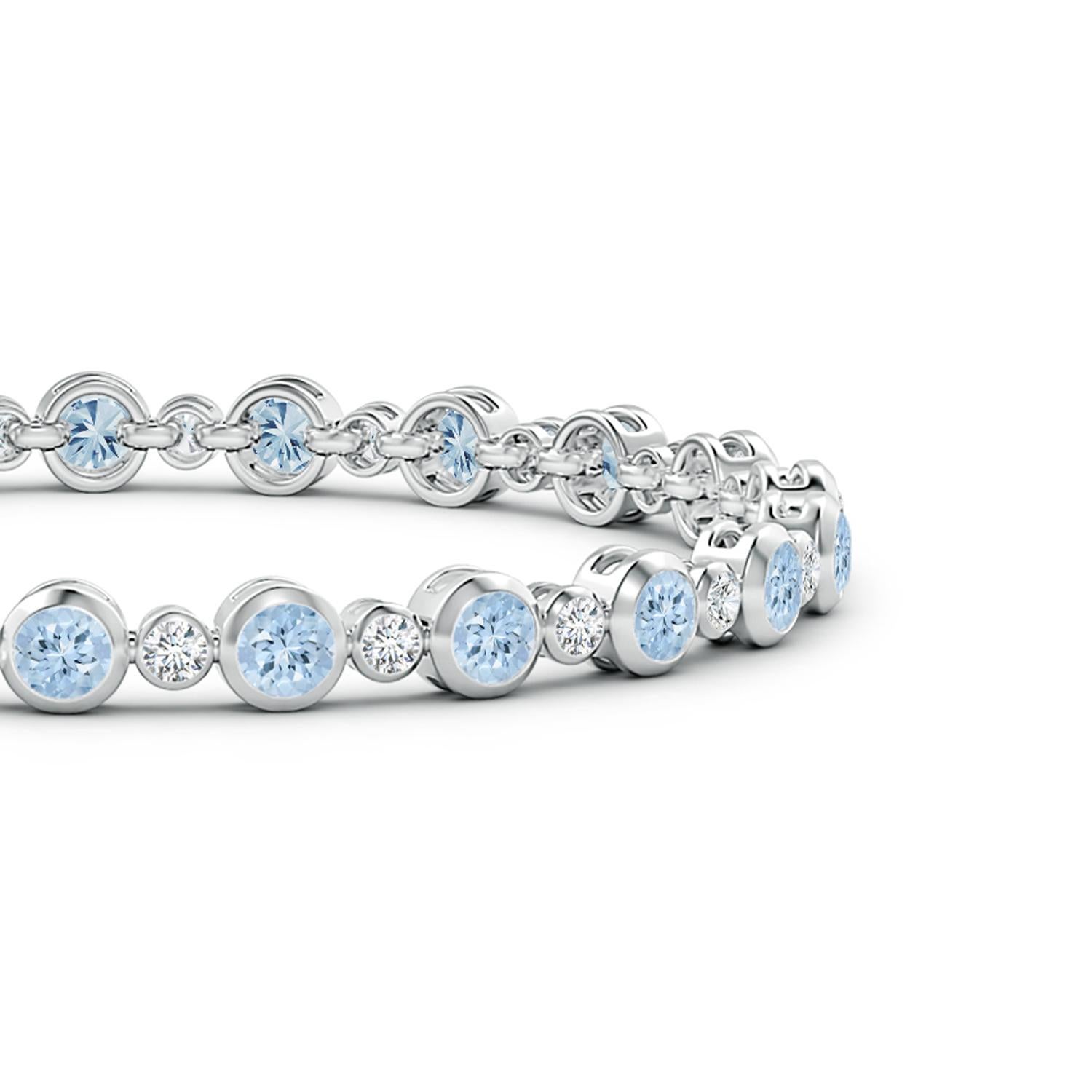Dieses schlichte und doch so ansprechende Tennisarmband aus 14 Karat Weißgold ist mühelos elegant. Die abwechselnd angeordneten runden Diamanten und eisblauen Aquamarine sind in Lünettenfassungen gefasst.