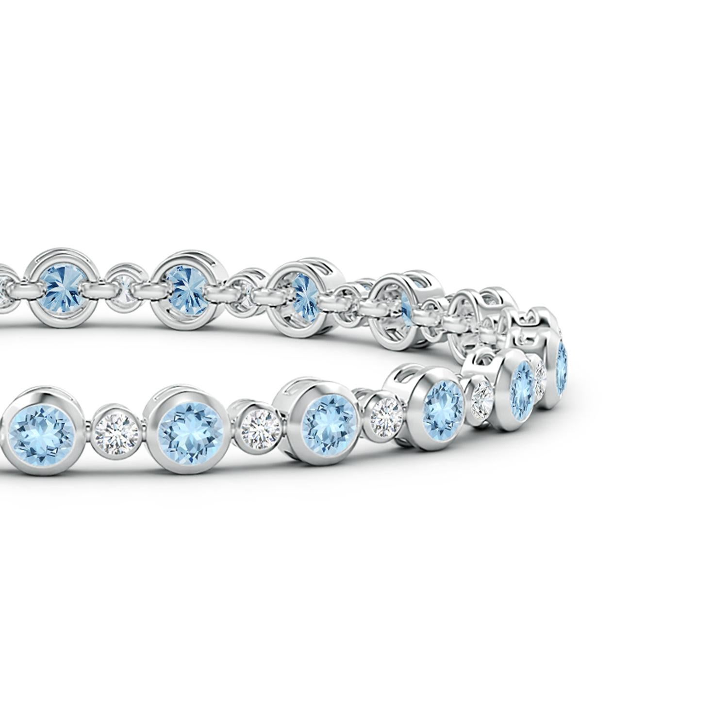 Simple yet so appealing, this tennis bracelet in 14k white gold is effortlessly elegant. The alternated round diamonds and icy blue aquamarines are secured in bezel settings.