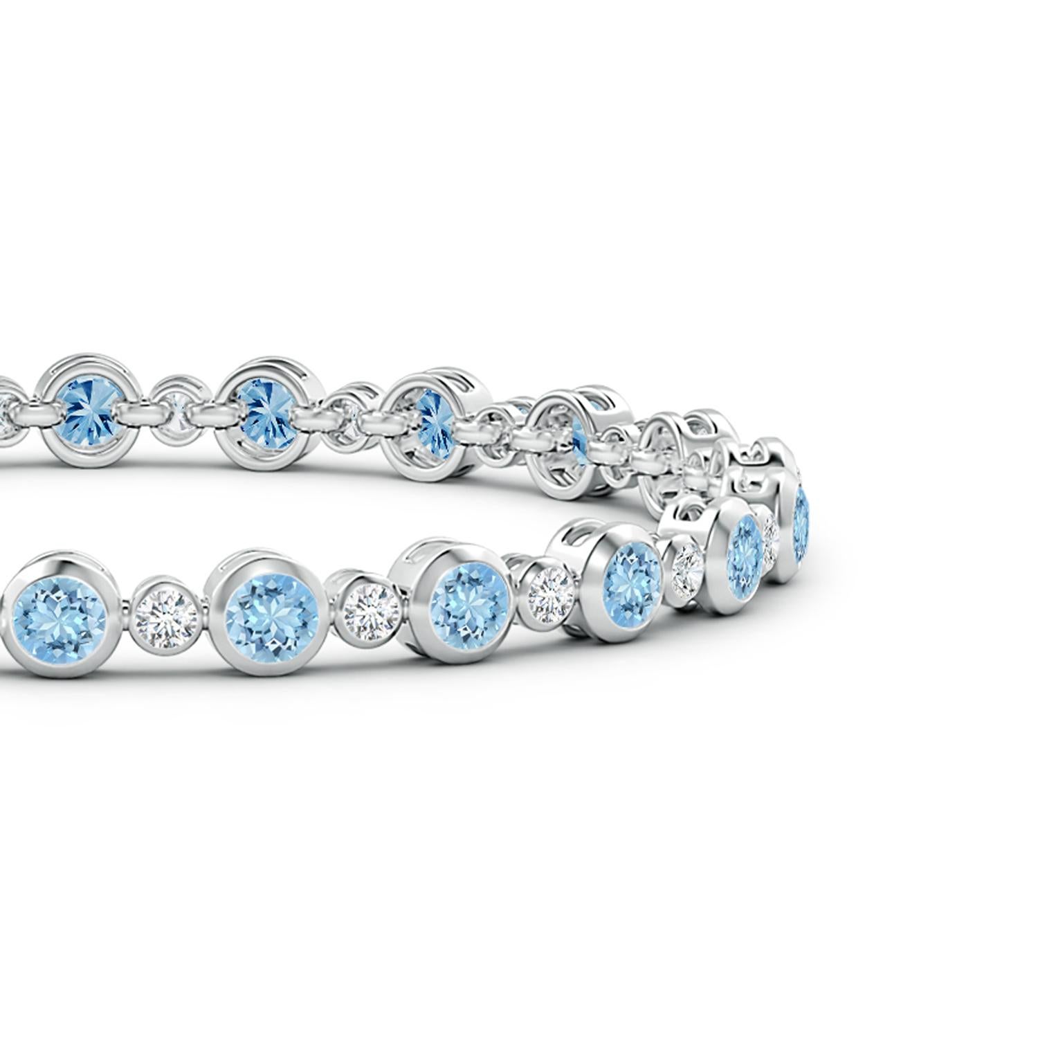 Simple yet so appealing, this tennis bracelet in 14k white gold is effortlessly elegant. The alternated round diamonds and icy blue aquamarines are secured in bezel settings.