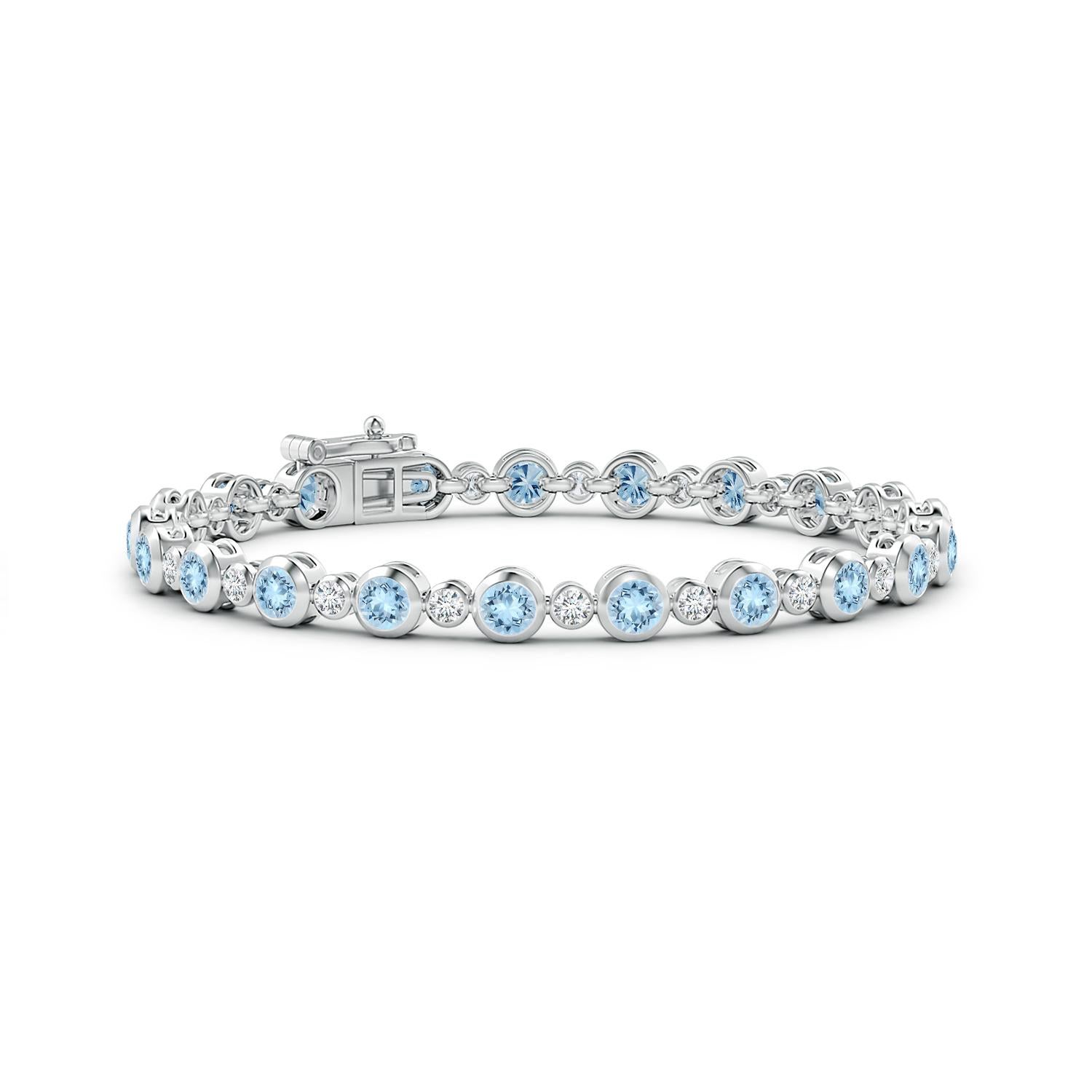Modern Bezel-Set 3.15ct Aquamarine and Diamond Tennis Bracelet in 14K White Gold For Sale