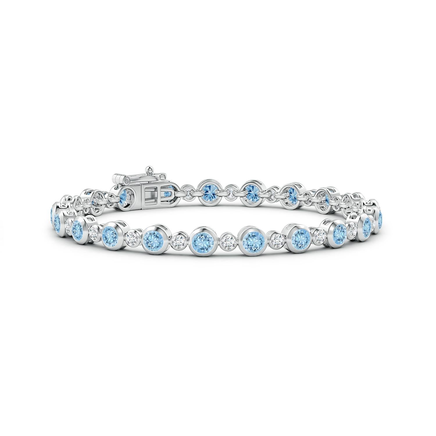 Modern Bezel-Set 3.15ct Aquamarine and Diamond Tennis Bracelet in 14K White Gold For Sale