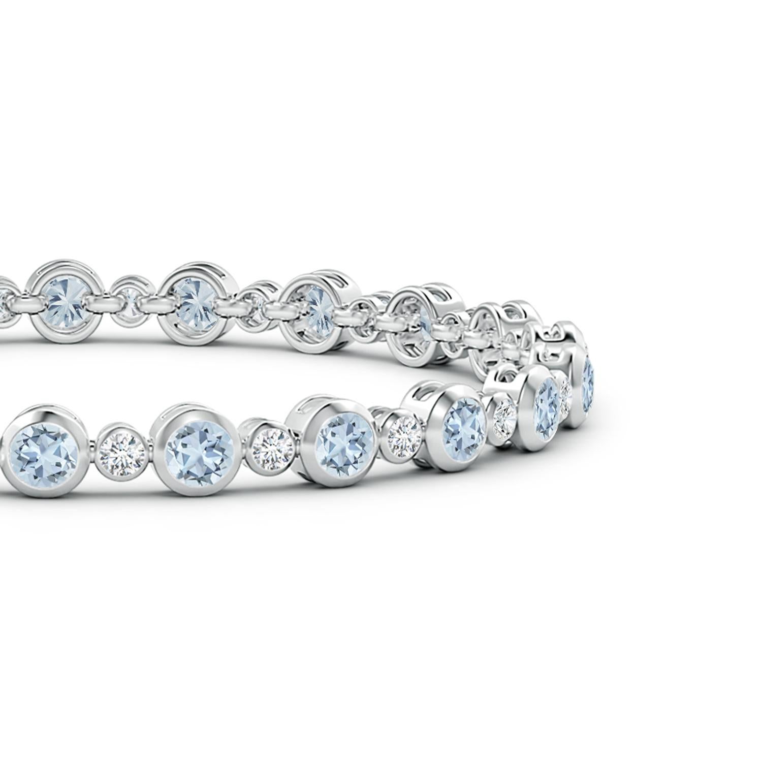 Dieses schlichte und doch so ansprechende Tennisarmband aus 14 Karat Weißgold ist mühelos elegant. Die abwechselnd angeordneten runden Diamanten und eisblauen Aquamarine sind in Lünettenfassungen gefasst.
