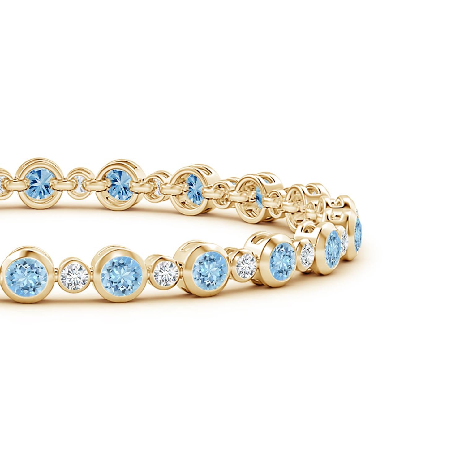 Simple yet so appealing, this tennis bracelet in 14k yellow gold is effortlessly elegant. The alternated round diamonds and icy blue aquamarines are secured in bezel settings.