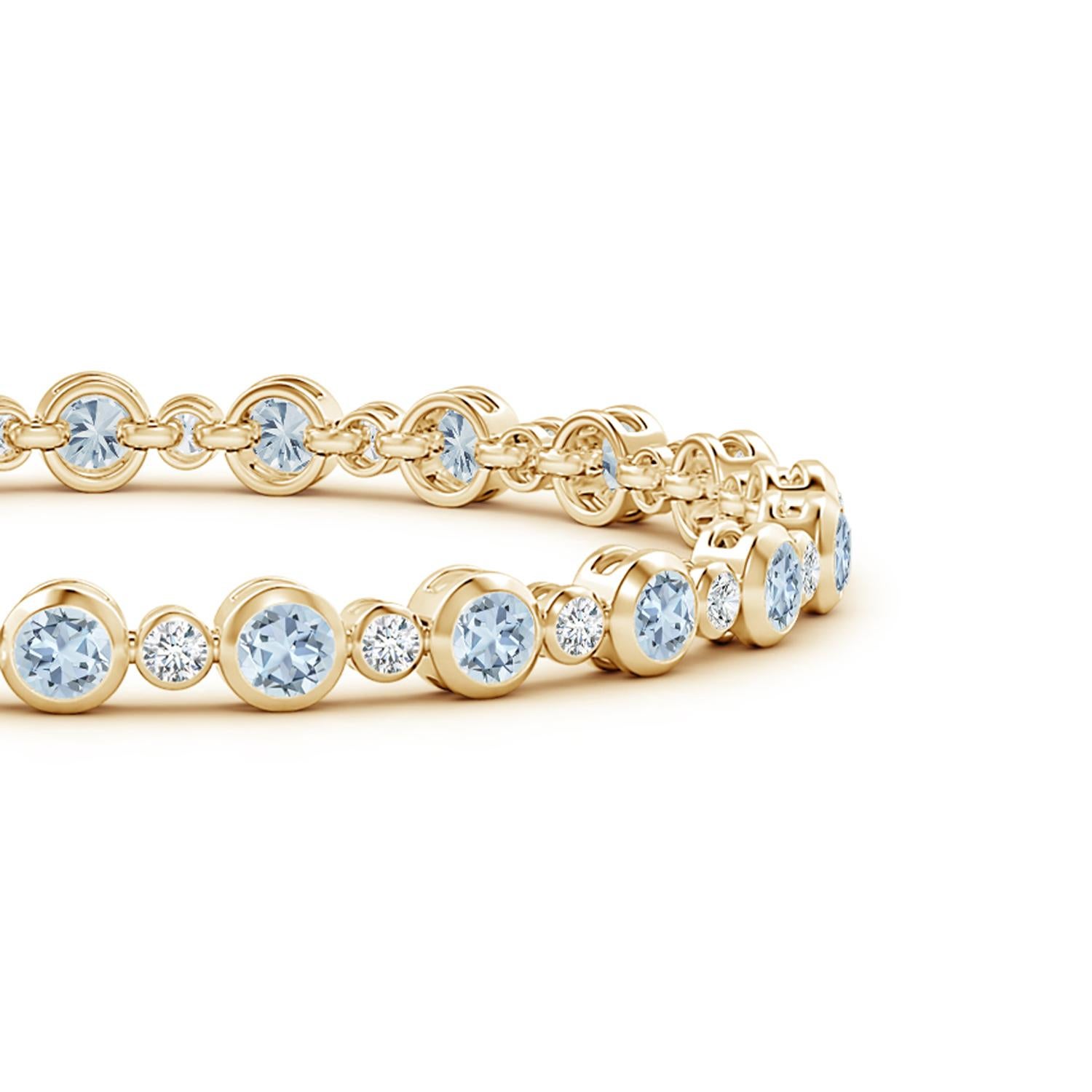 Semplice ma affascinante, questo braccialetto tennis in oro giallo 14k è elegante e senza sforzo. I diamanti rotondi alternati e le acquemarine blu ghiaccio sono incastonati in castoni.